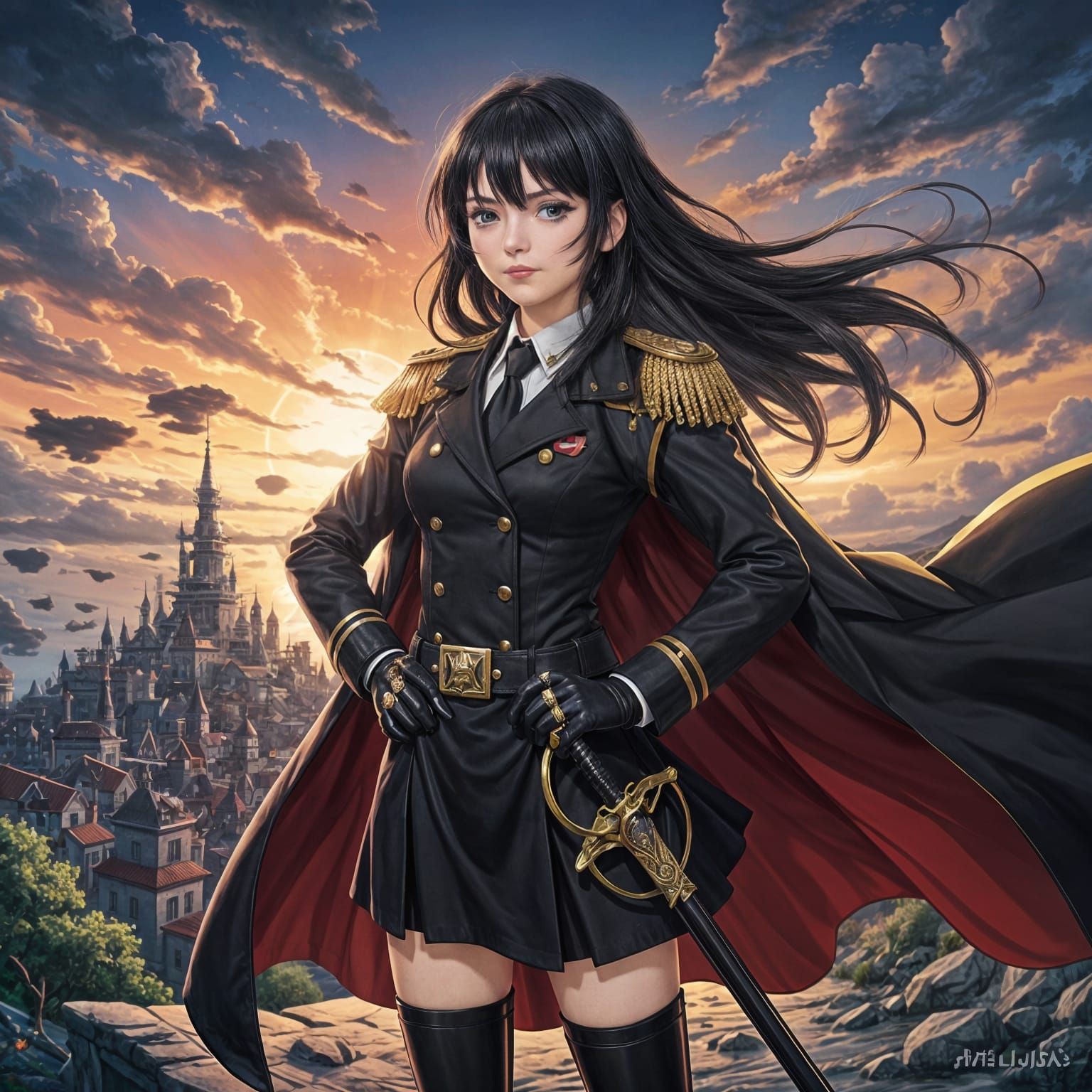 Anime Female Admiral in Black Uniform with Sword