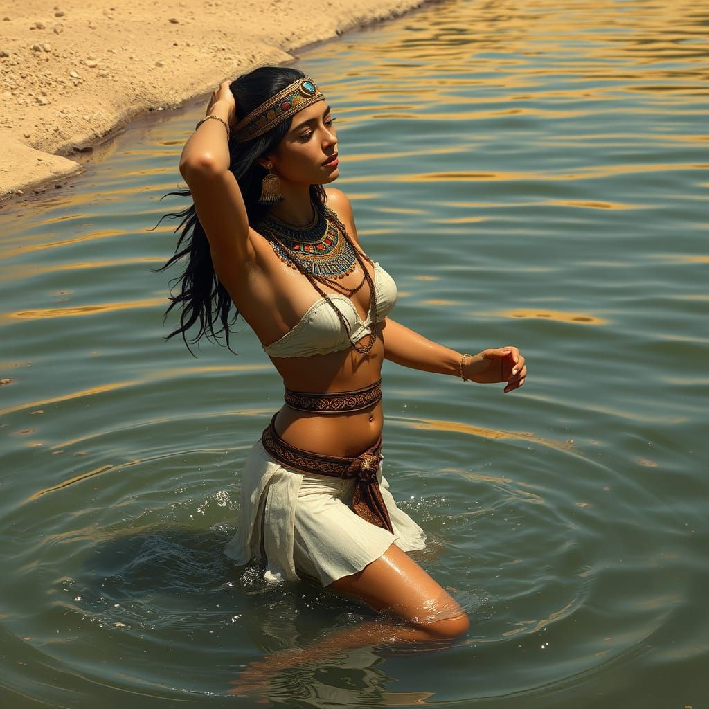 Ancient Egyptian Woman Bathes in the Nile River Photorealist...
