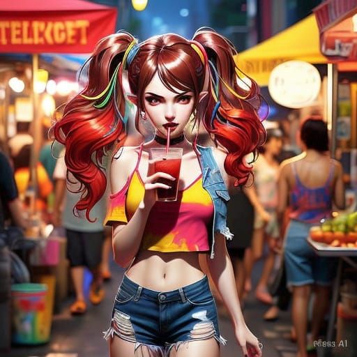 Vibrant Vampire Portrait in a Night Market