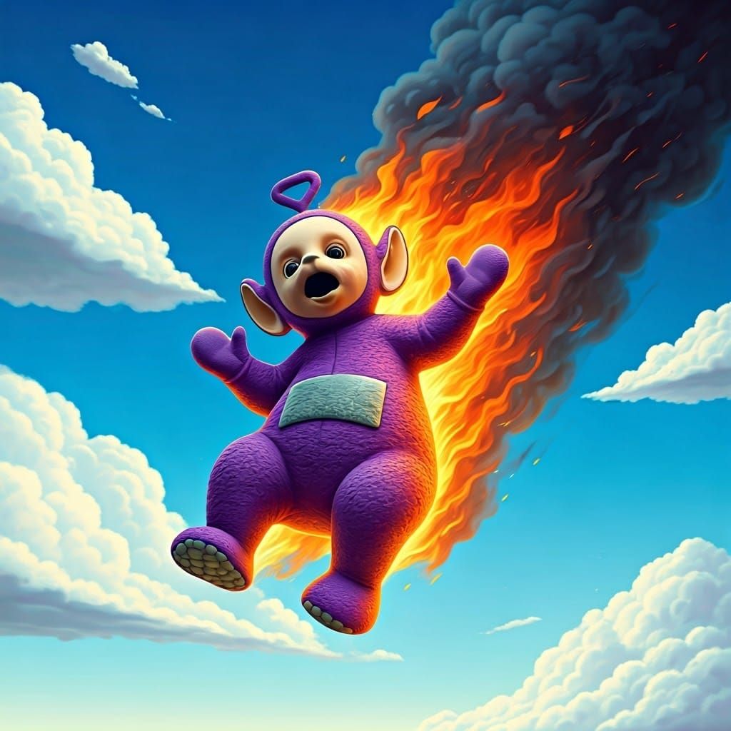 Fuzzy Teletubby Ablaze in Surreal Sky