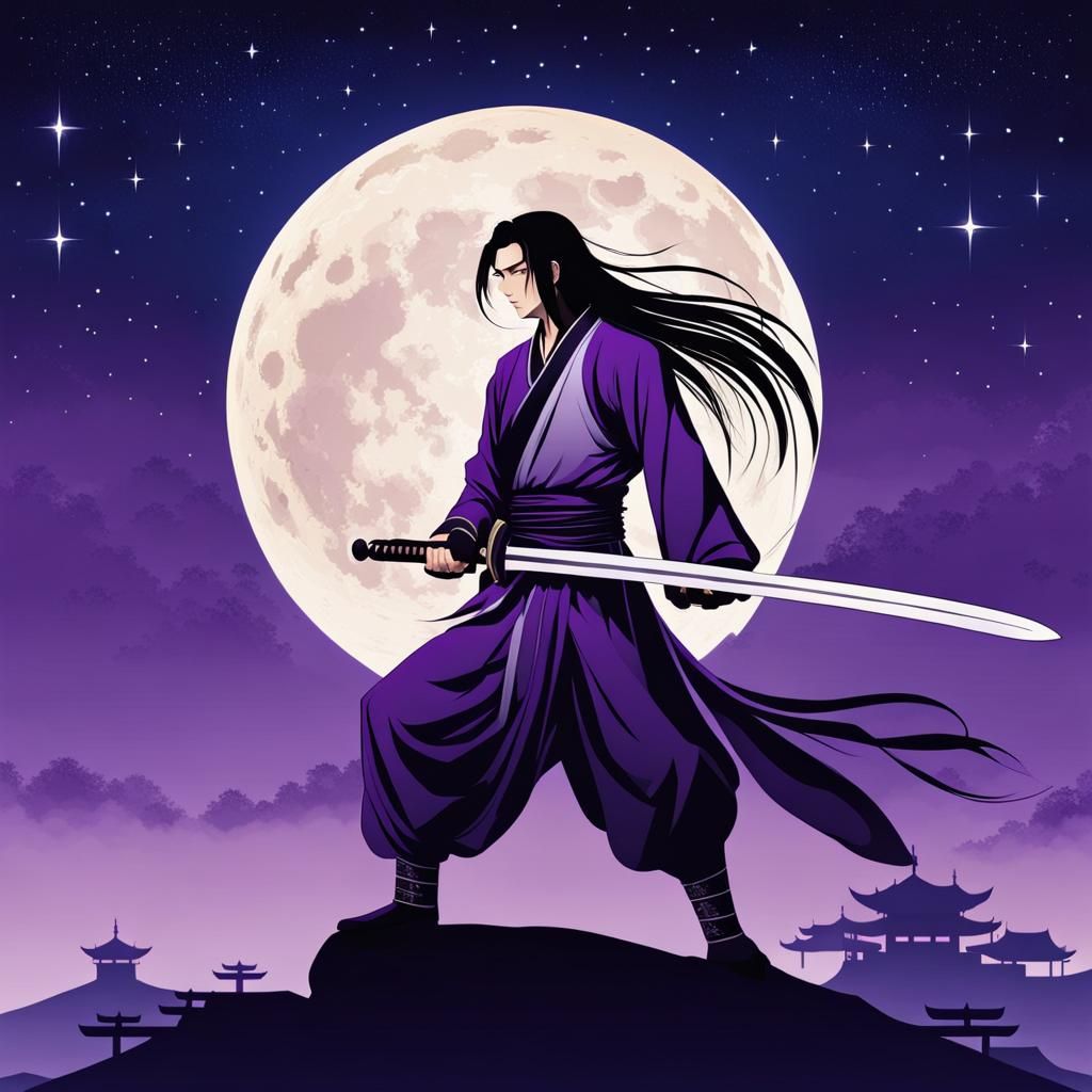 Chinese Warrior Martial Arts Under Starry Sky