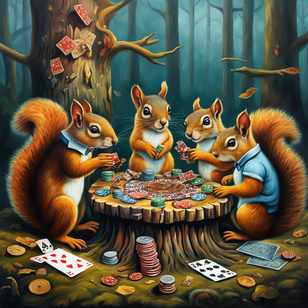 Surreal Squirrels Play Poker in Dreamlike Forest