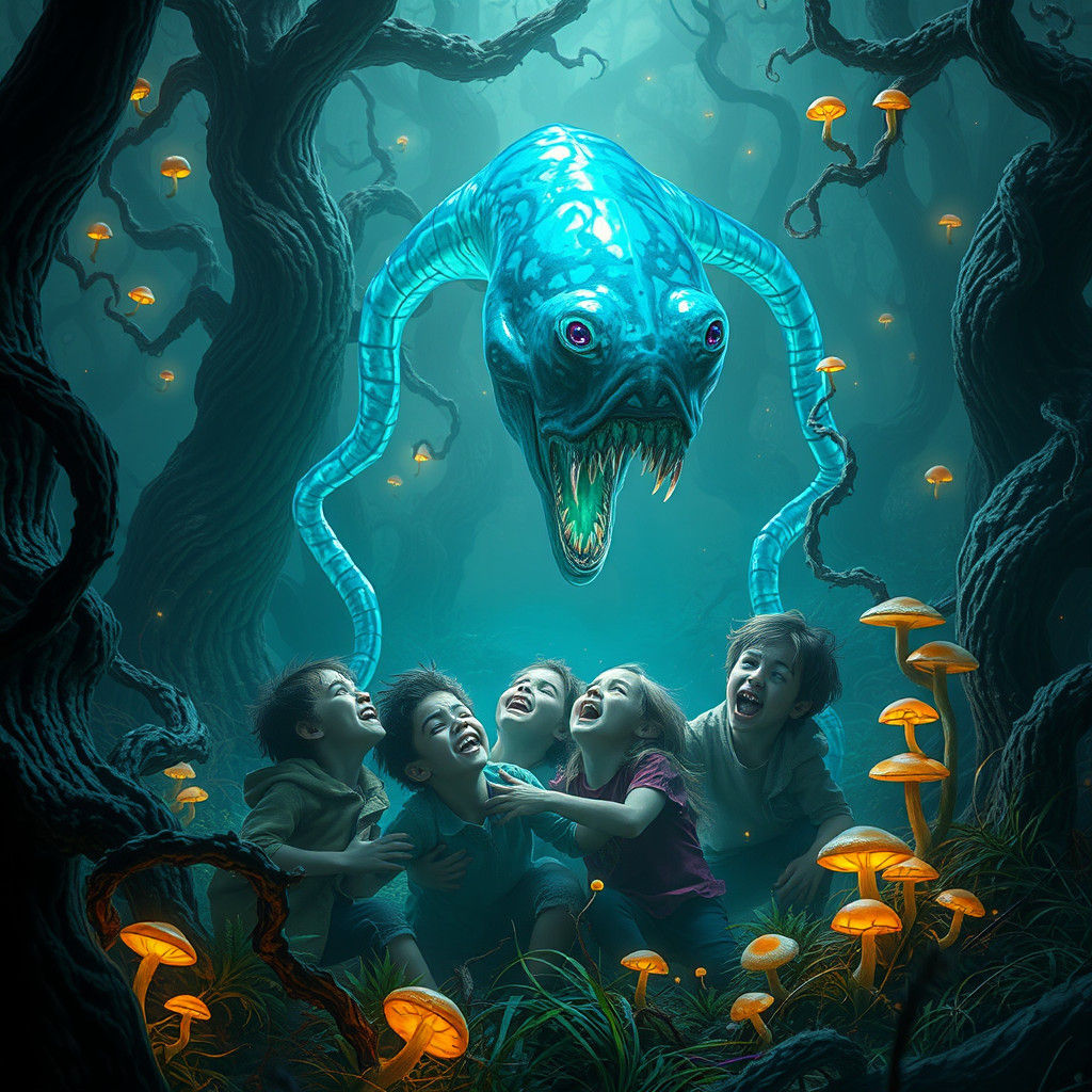 Iridescent Alien Devouring Children in Mystical Forest
