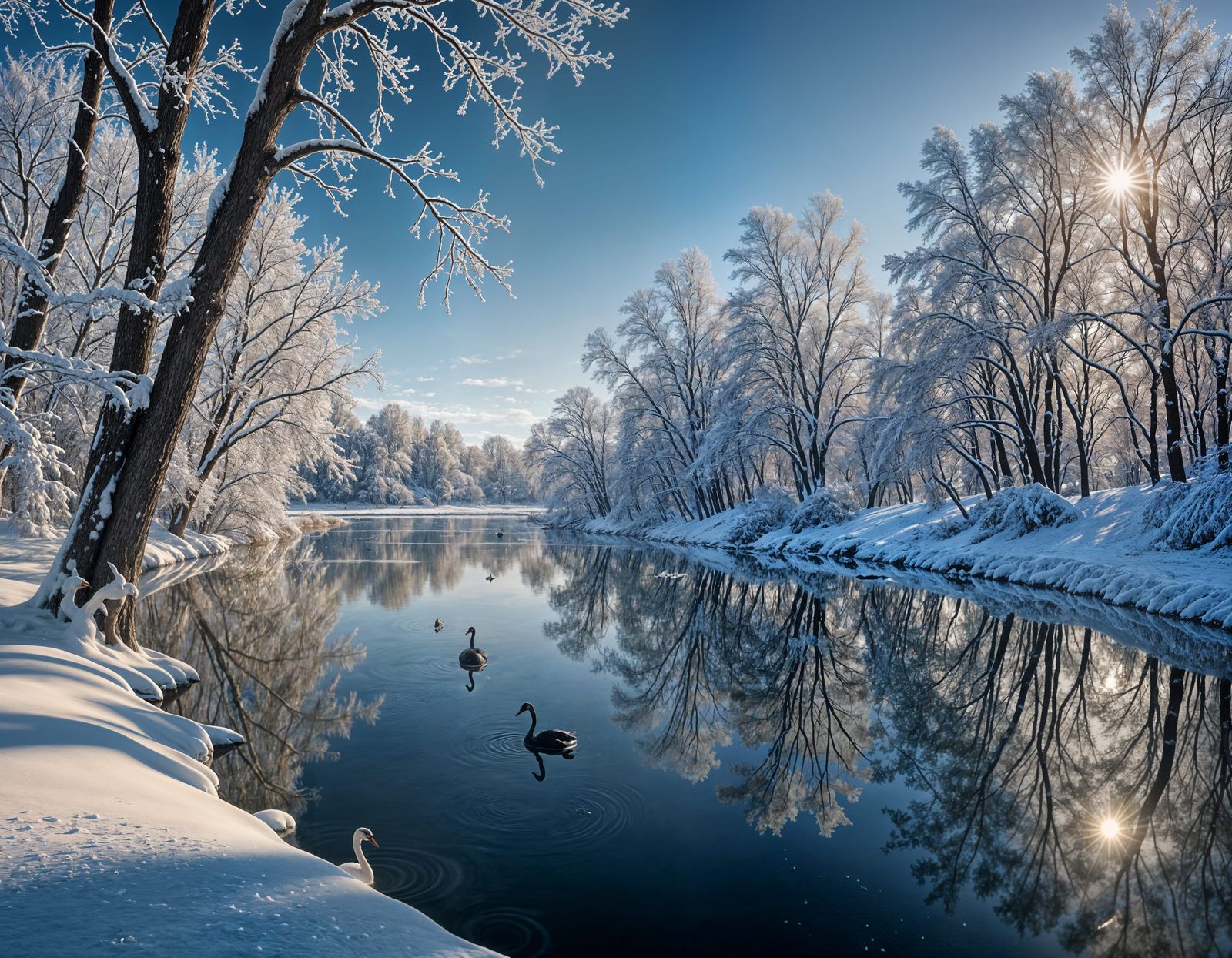 Snowy Landscape with Photorealistic Sunlit Trees and Black S...