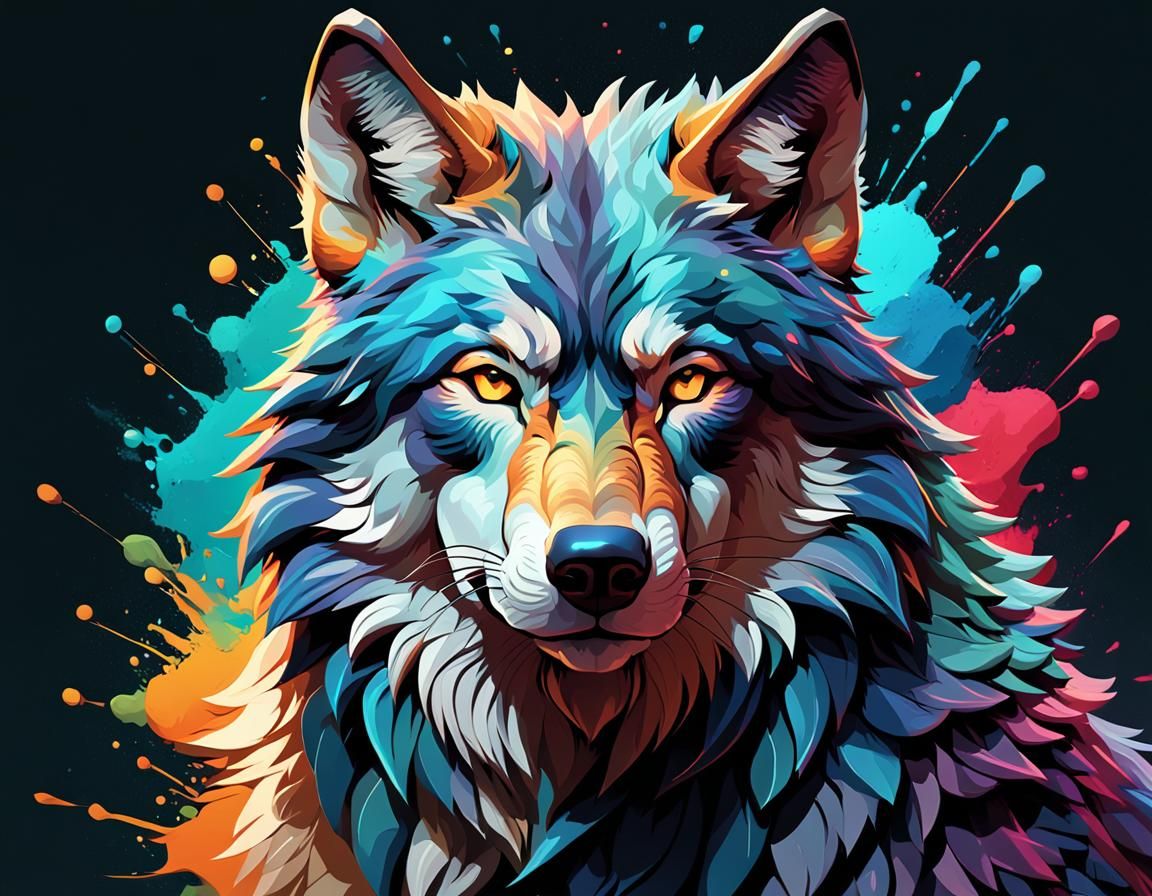 Vibrant Wolf Portrait in Abstract Splash Art Style