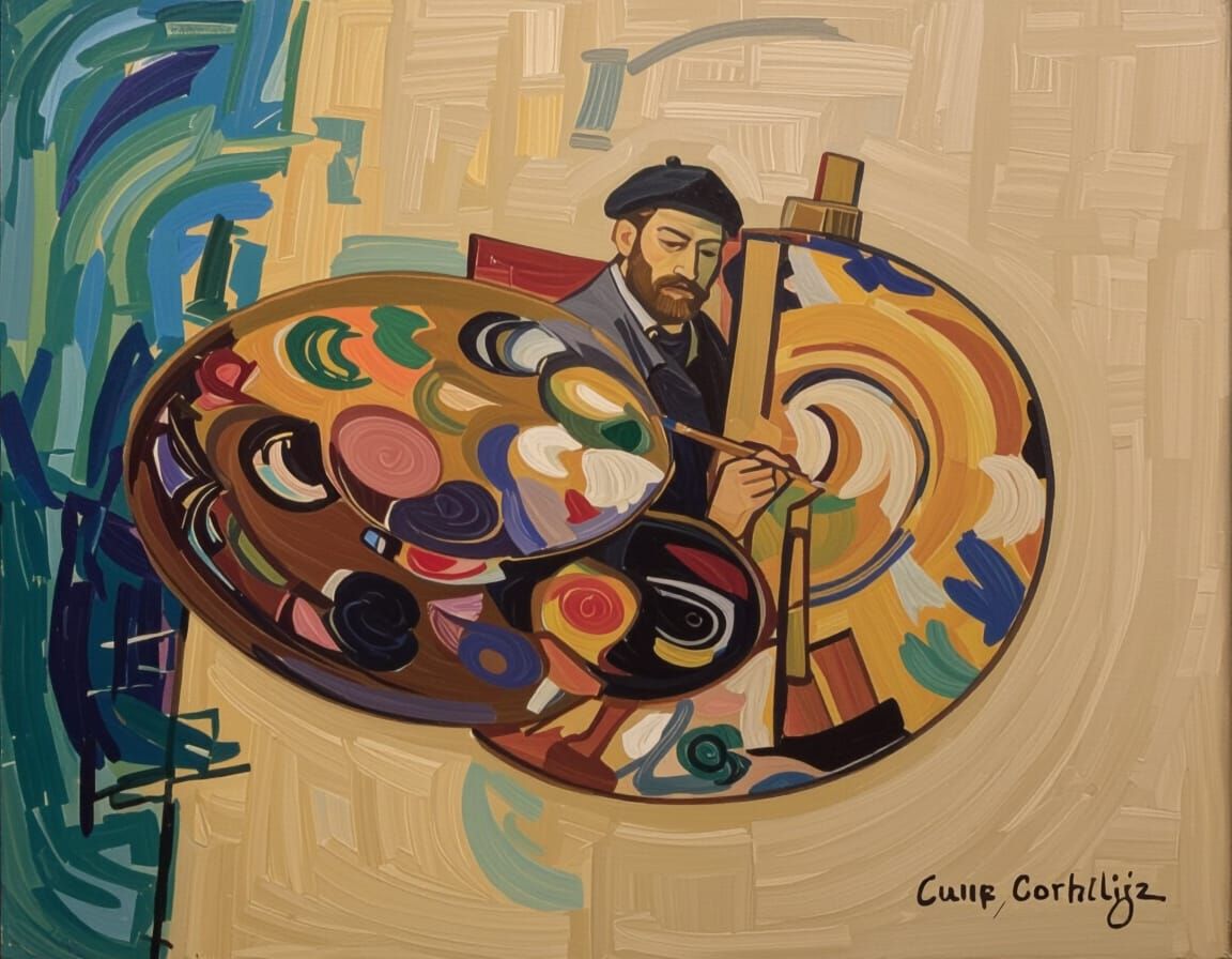 Artist Painting Vibrant Abstract Masterpiece in Studio