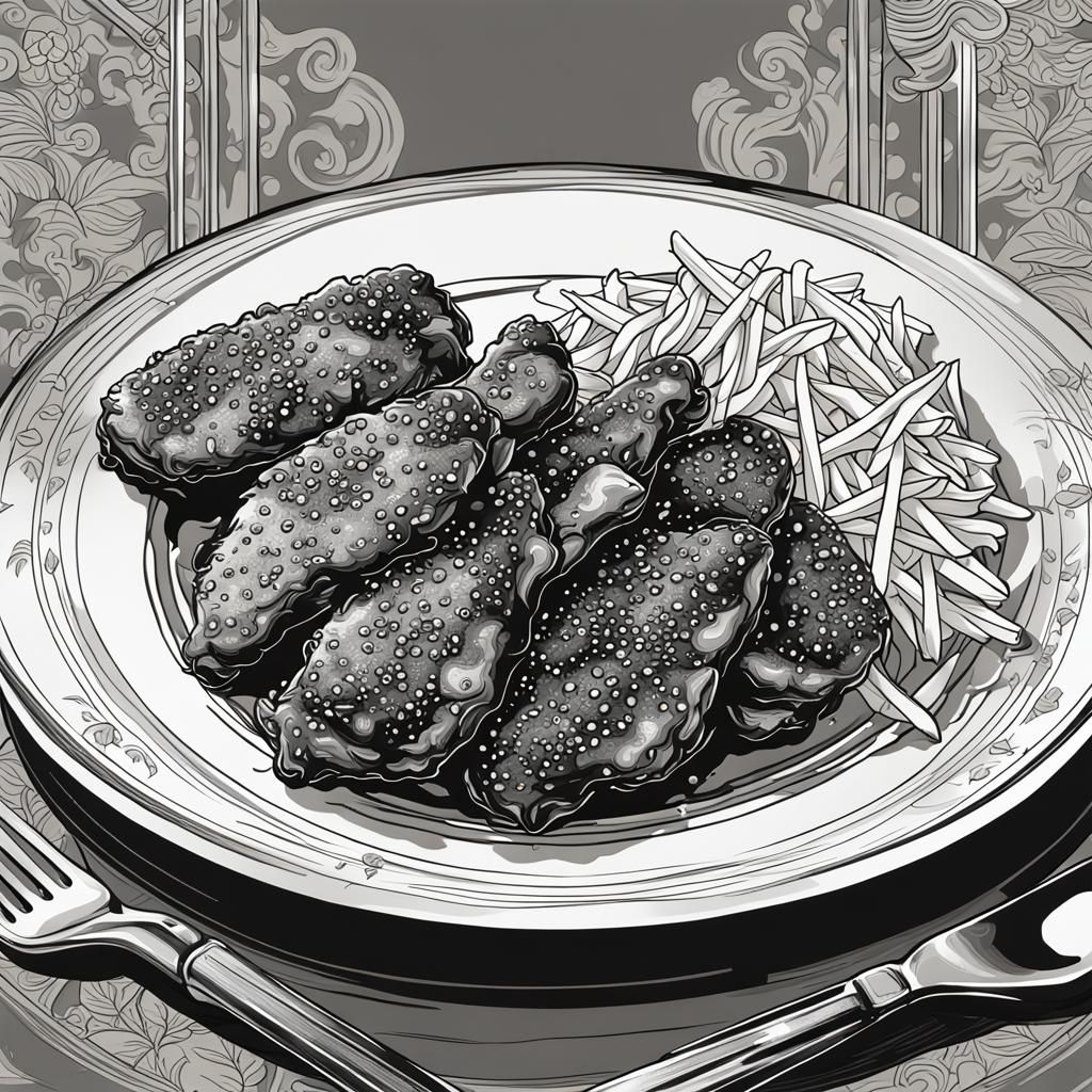 Vegan Sesame Chicken: Black and White Vector Sketch