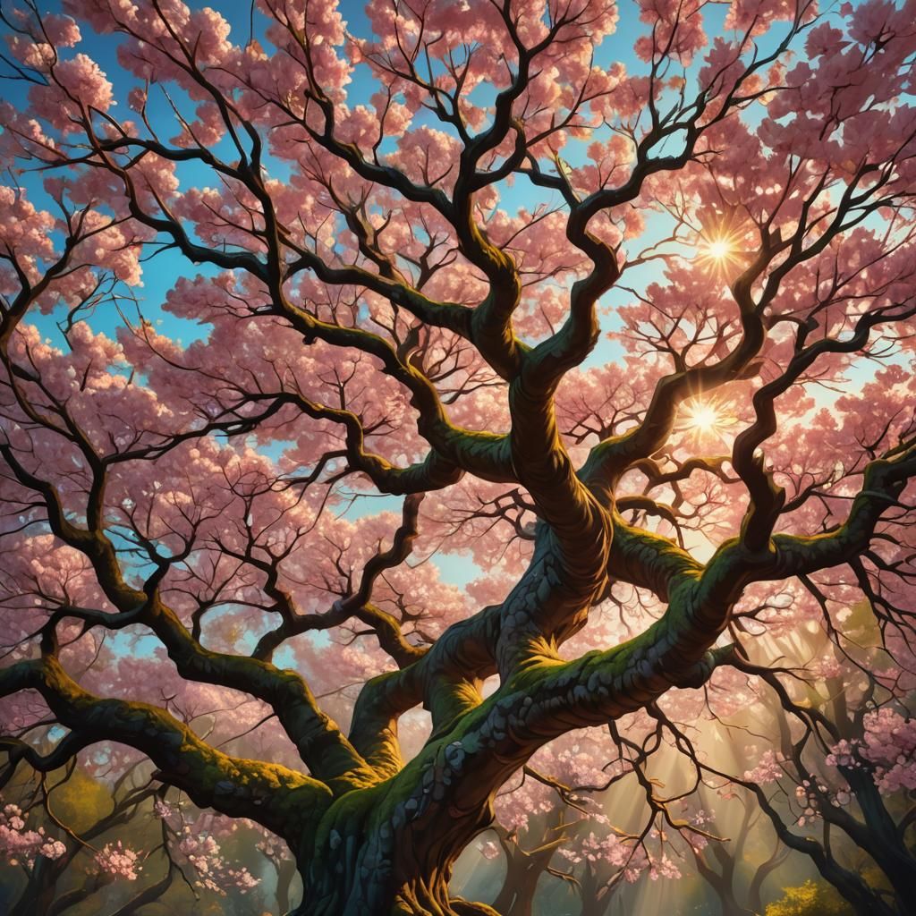Mystical Cherry Blossom Tree in Digital Oil Painting