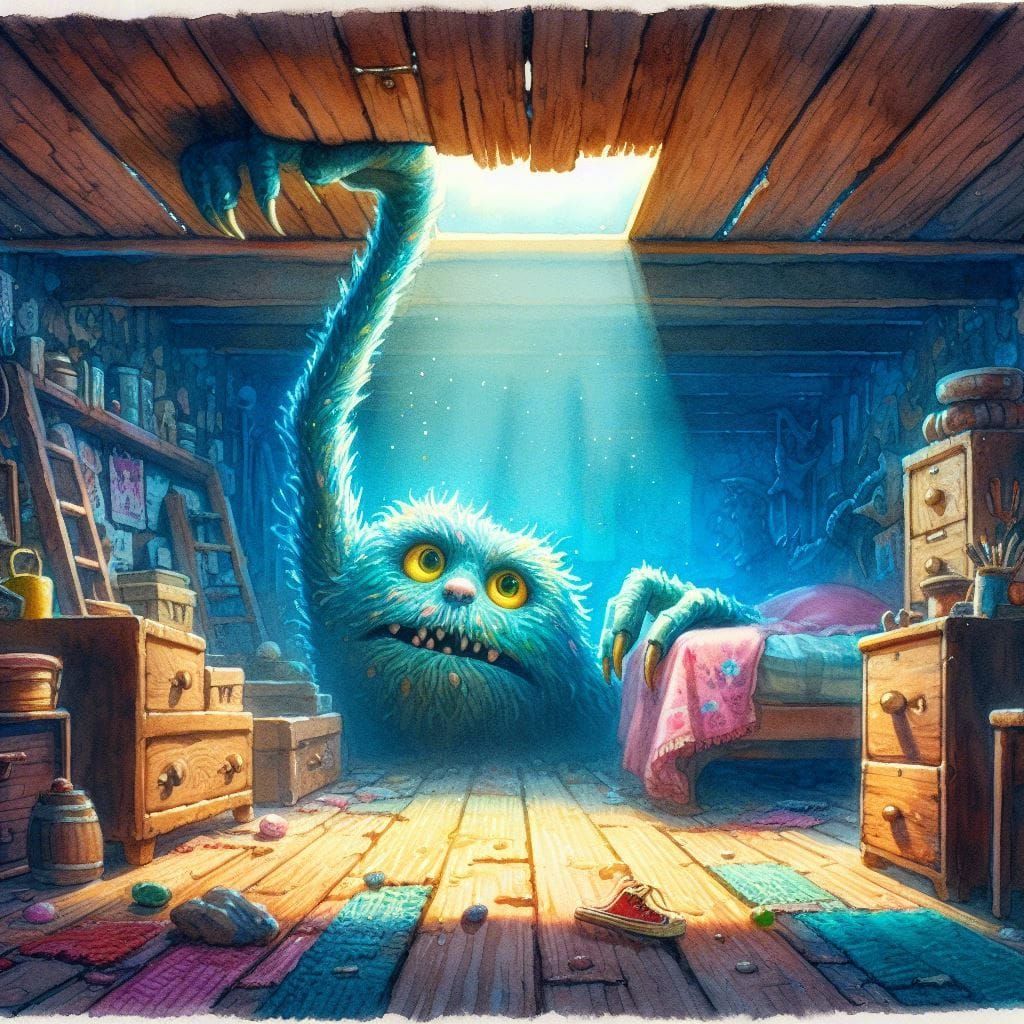 Monster Emerges in Colorful Bedroom: Watercolor Style