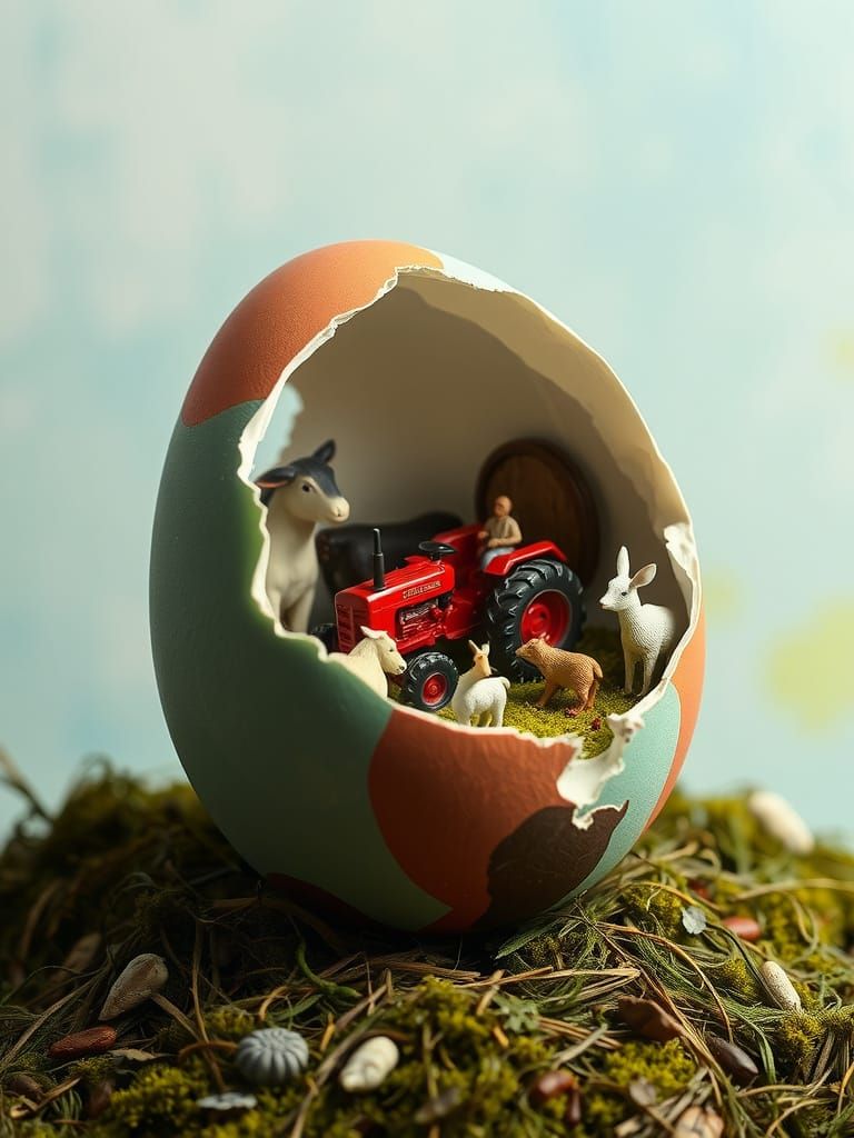 Surreal Farmyard Scene Unfolds Inside Broken Egg