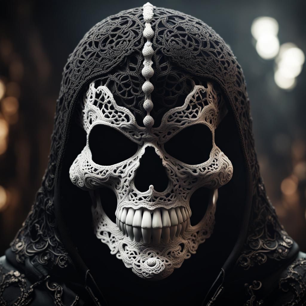 Crocheted Lace Mask on Black Skull: Fantasy Art
