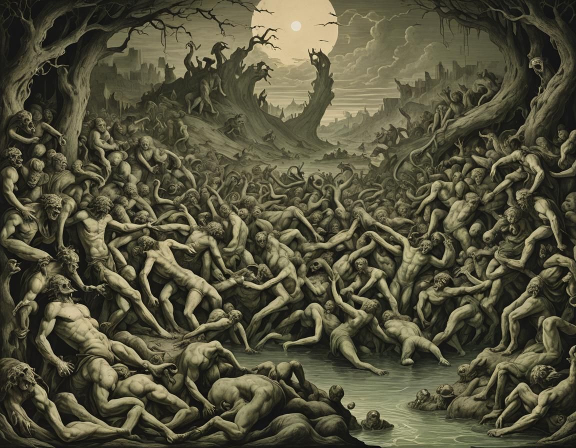 Circle of Gluttony: Engraving-Style Inferno Scene