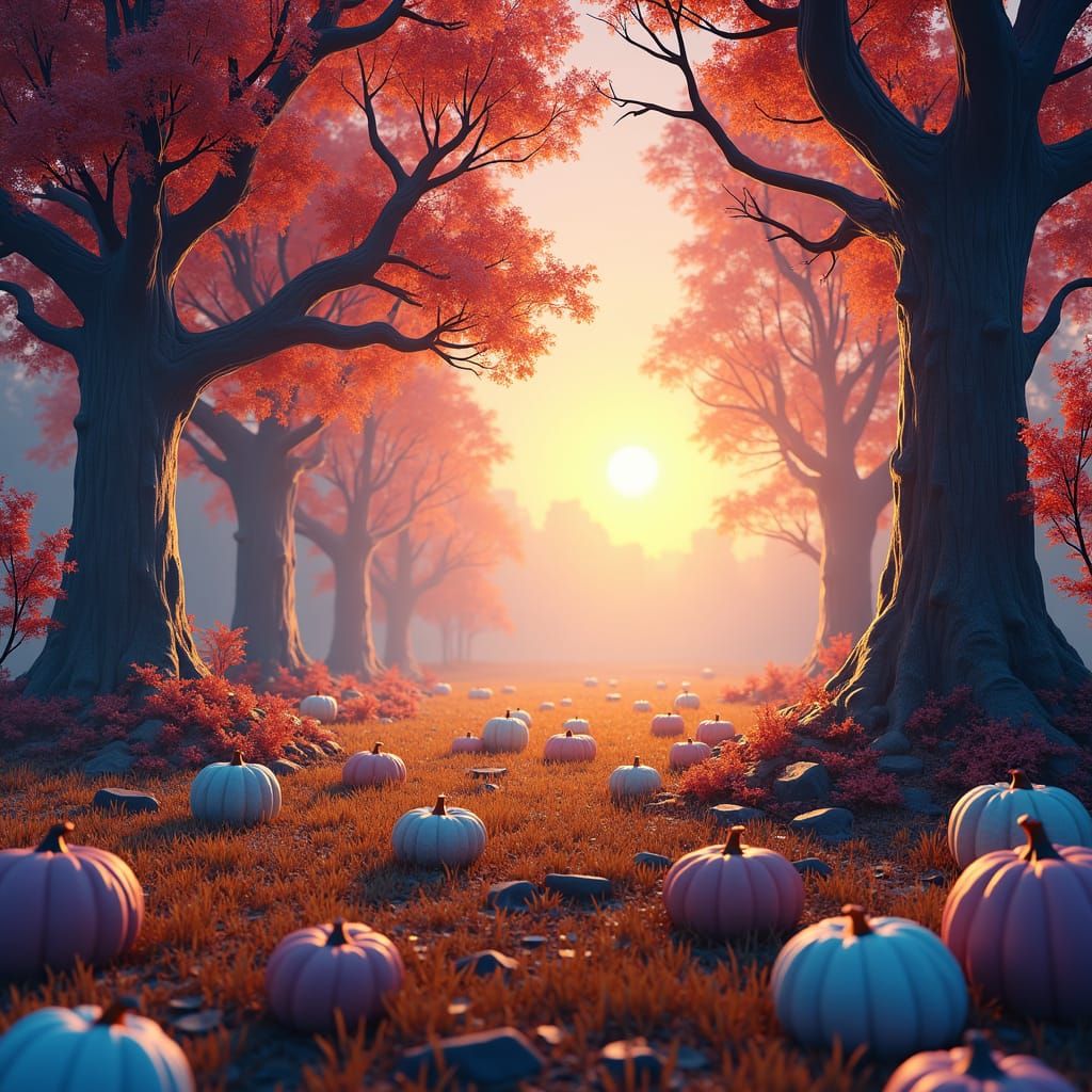 Autumn Forest Scene with Blue and Purple Pumpkins