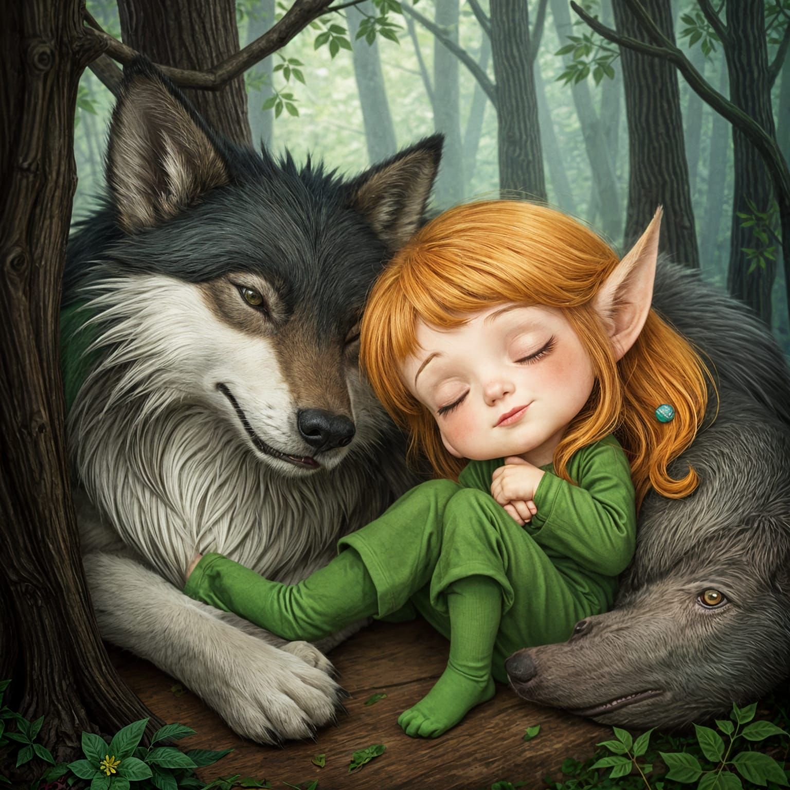 Little elf girl sleeping next to her pet wolf, who is very protective of her. They are in a forest and the girl is weari...
