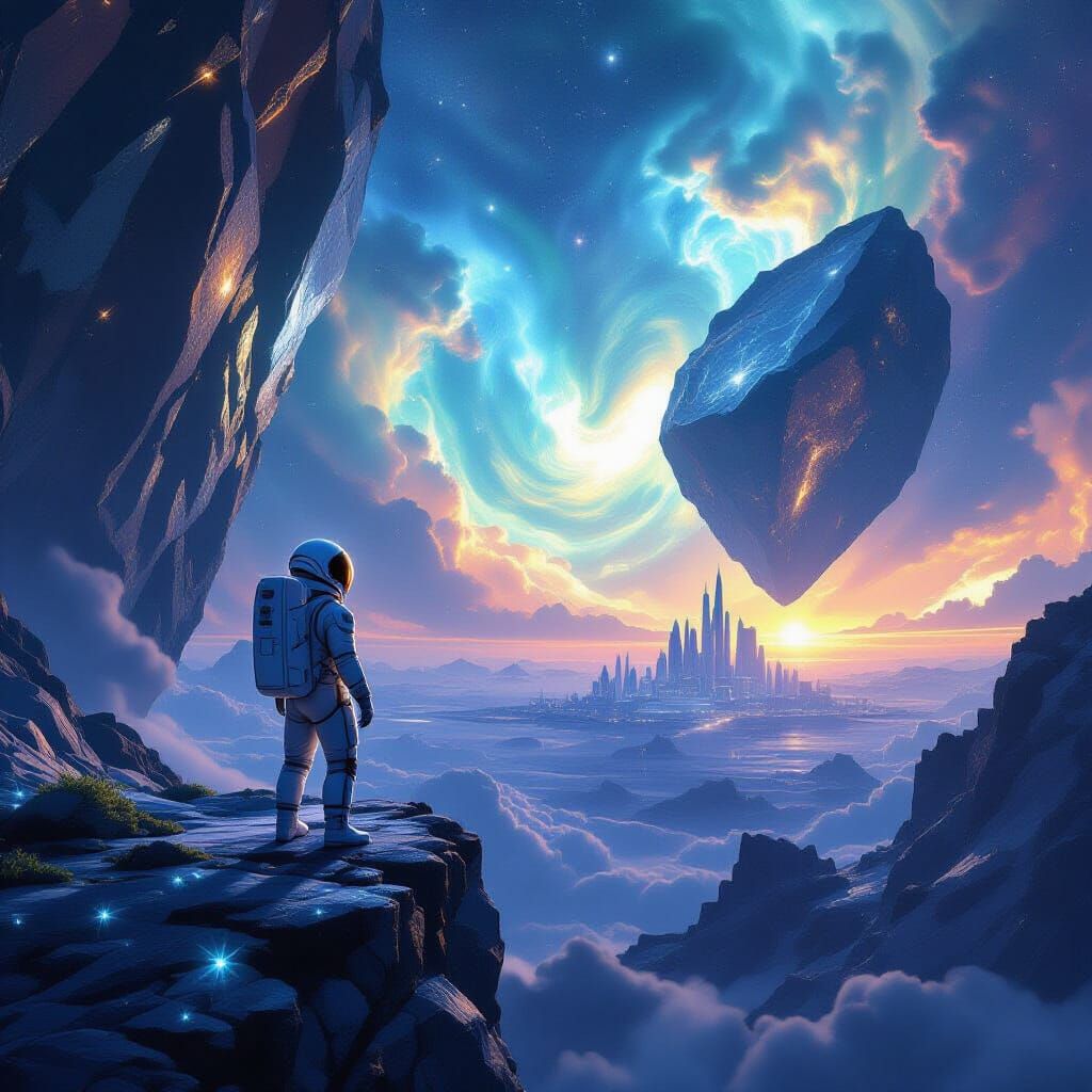 Astronaut on Crystal Asteroid Viewing Nebula in Photorealist...