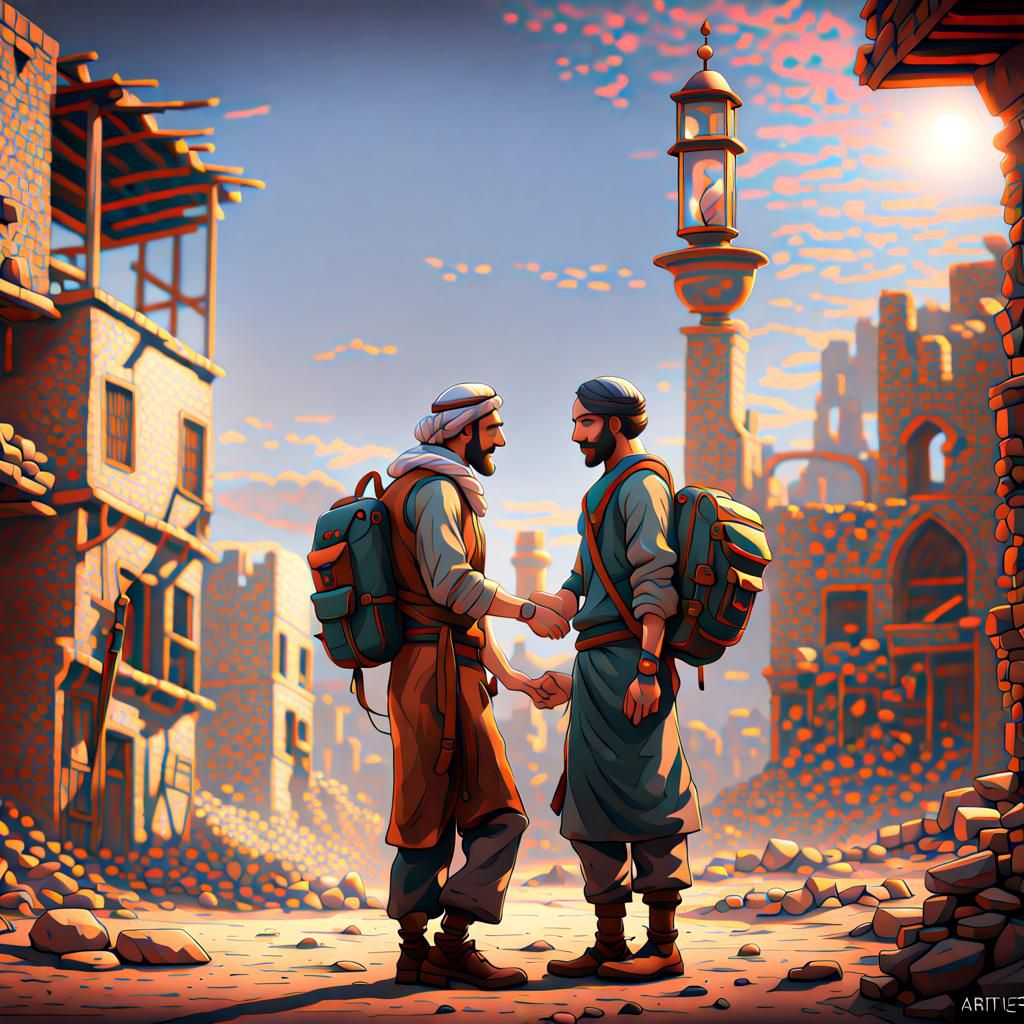 Palestinian and Israeli Men Embrace: Fantasy Concept Art