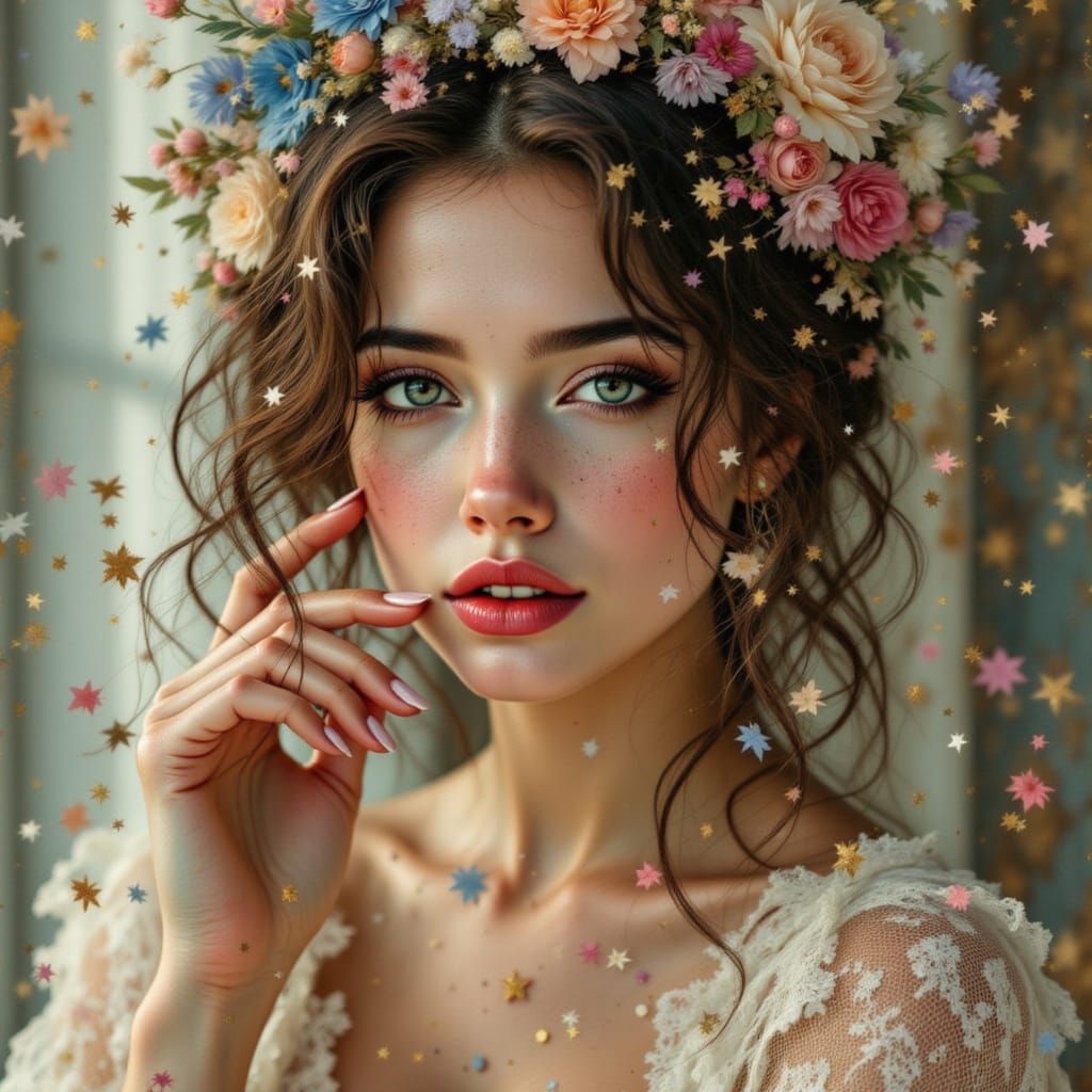 Pin-Up Woman Covered in Glitter and Confetti