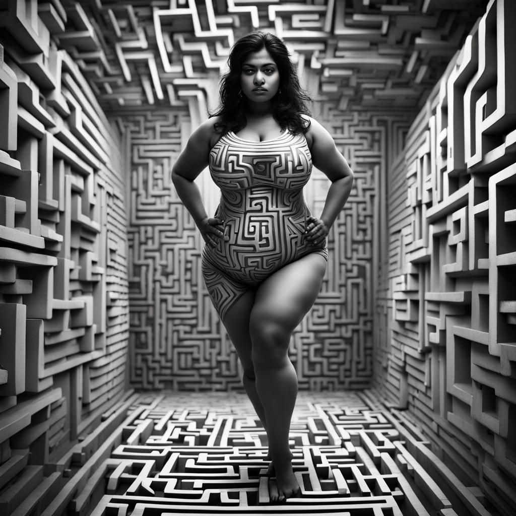 Surreal Maze Woman: Black and White Illusion