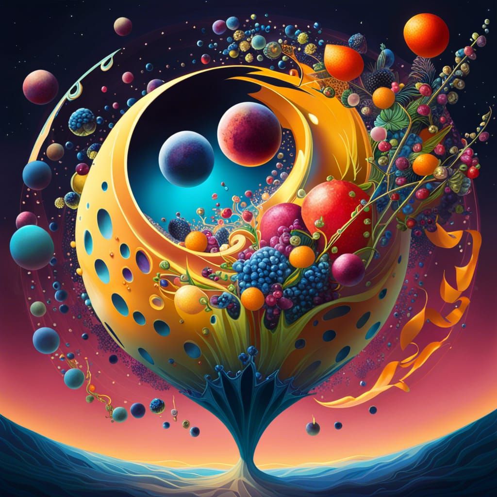 Fruit Vase Orbit Explosion: a Maximalist Action Painting