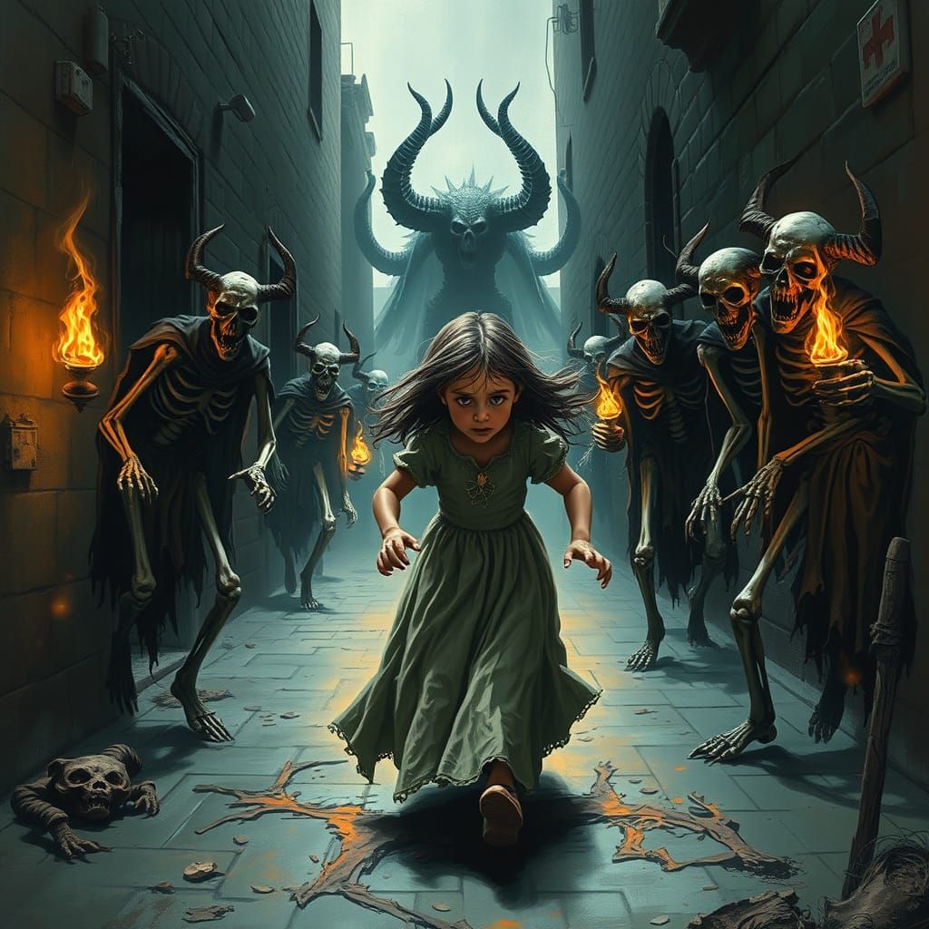Little Girl Fled from Demons by Guardian Skeletons in Dark A...