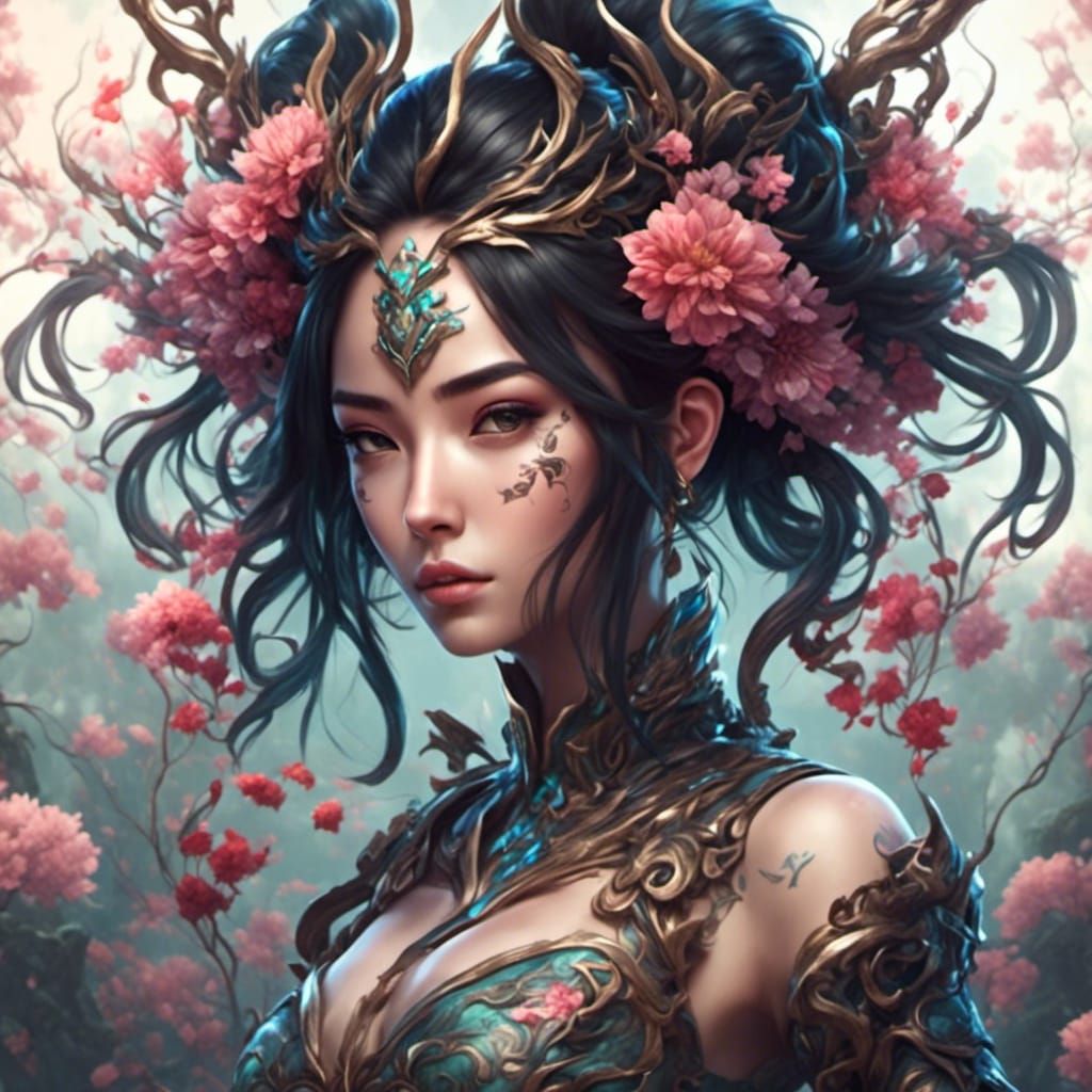 Vibrant Anime Girl with Floral Ribcage