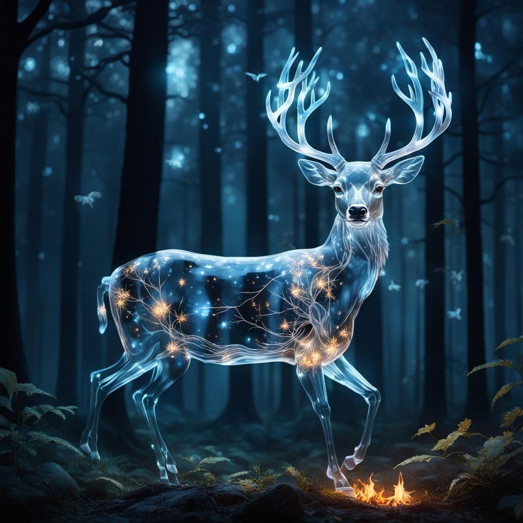 Ethereal Crystal Deer in Dark Forest Double Exposure