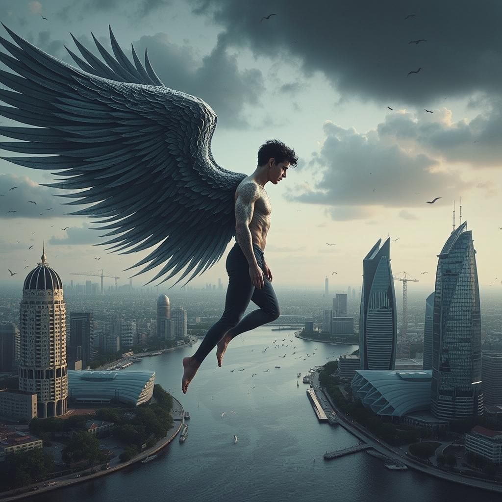 Fantasy Angel Over Modern Cityscape