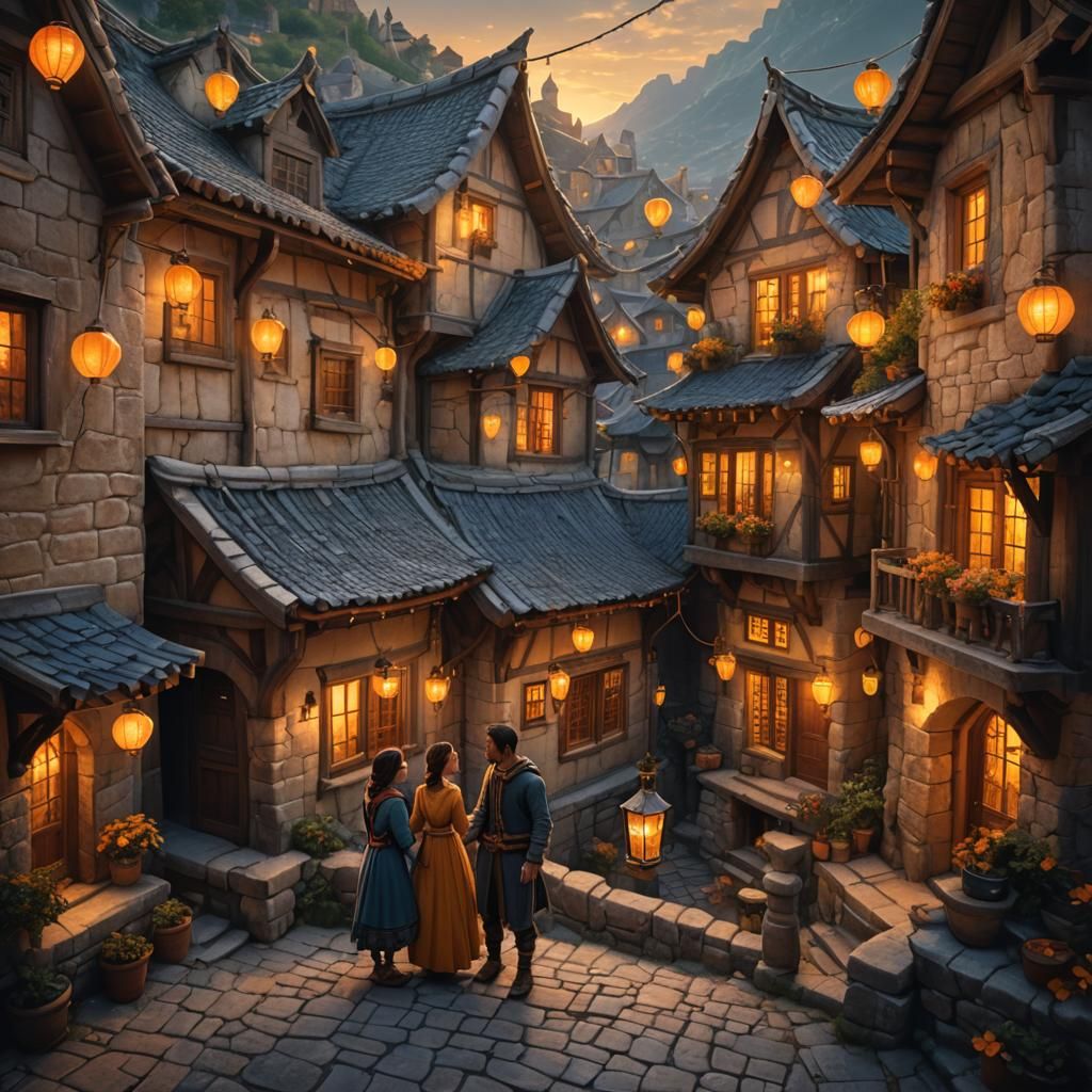 Fantasy Lovers in Stone Village: Dreamlike Matte Painting