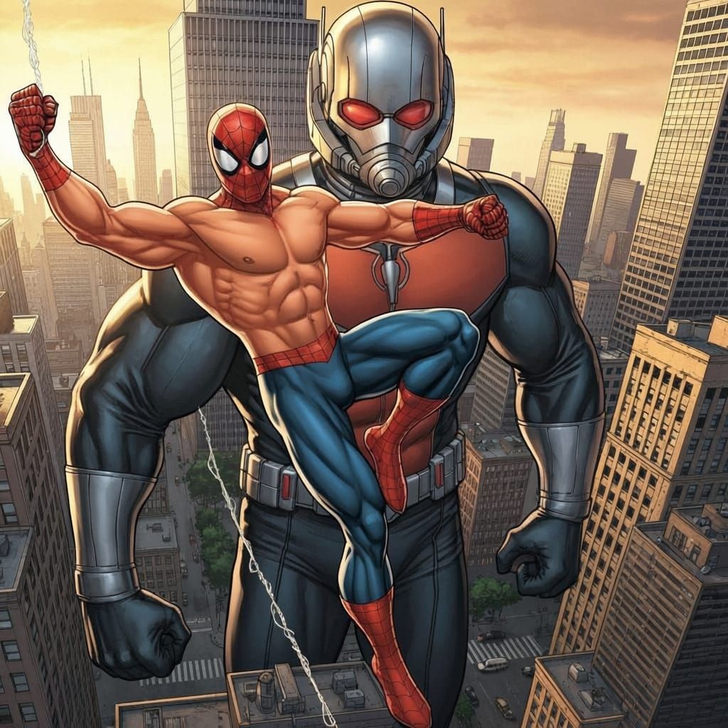 Spider-Man Swings Over Giant Ant-Man Above City
