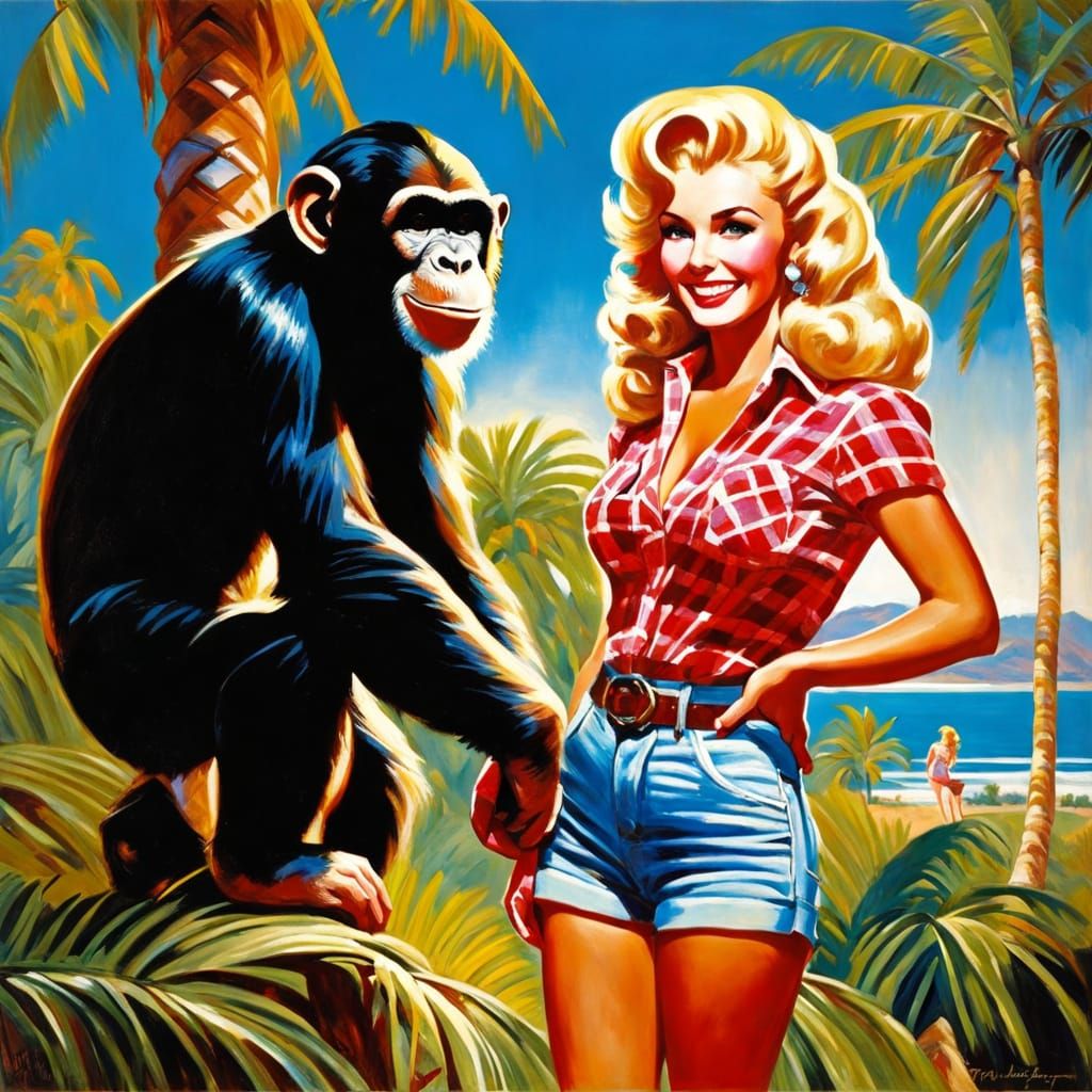 Charming Pinup Girl with Chimp, Colorful Painting