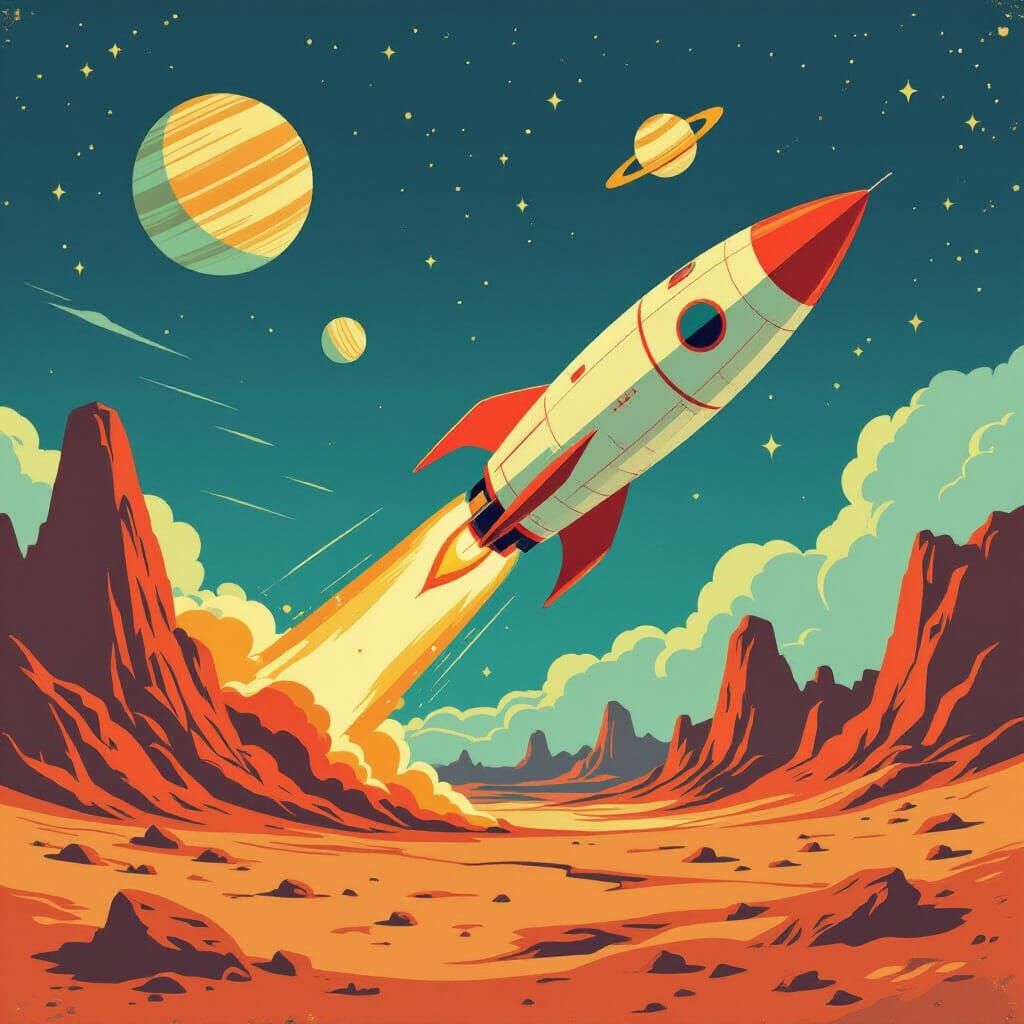 Vintage Rocket Blasts Off on Alien Planet