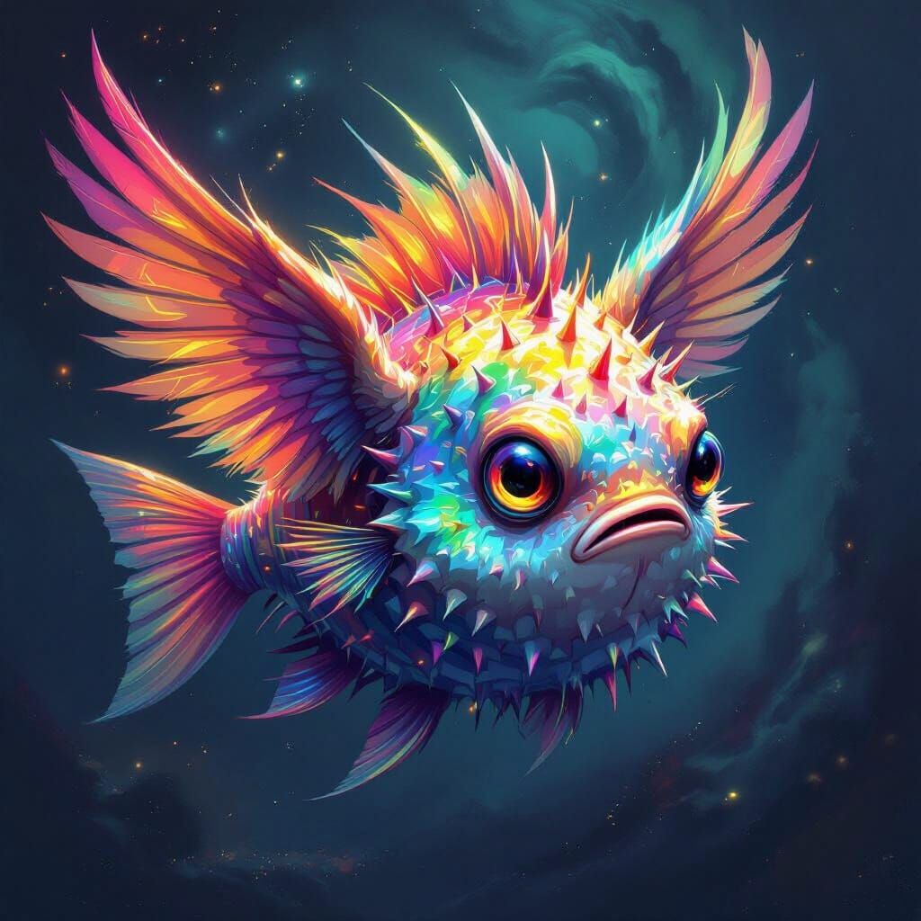 Angry Rainbow Pufferfish with Feathered Wings in Cosmic Scen...