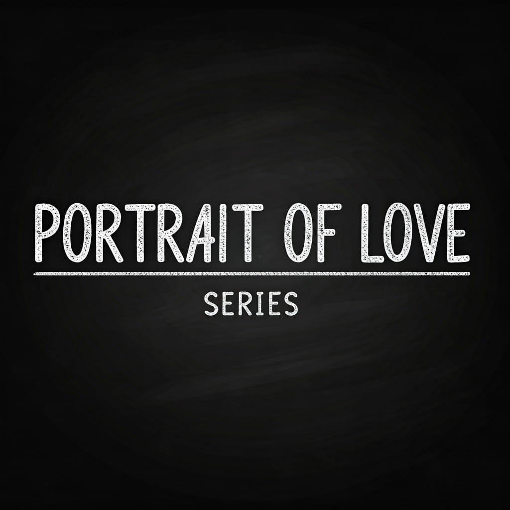 text: “PORTRAIT OF LOVE”, chalky, horizontally level, sub-te...