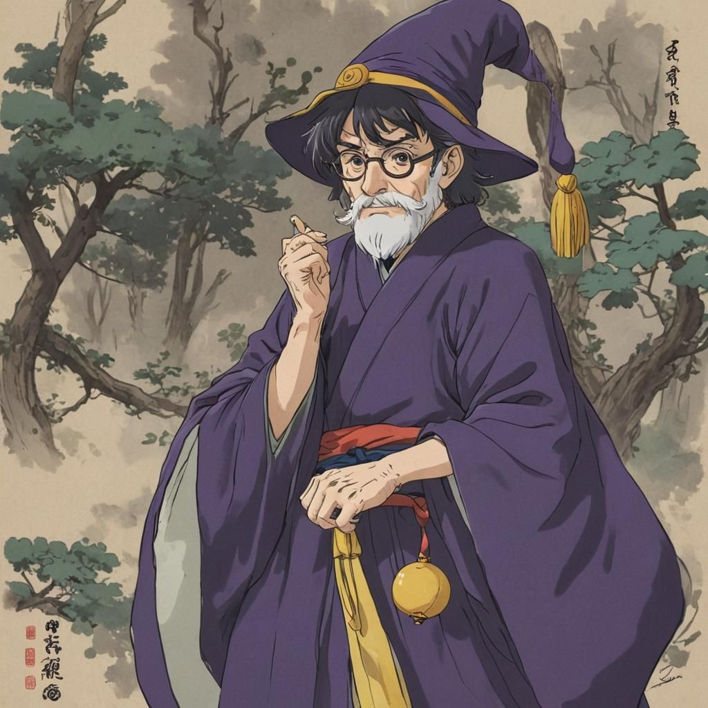 Comical Old Wizard in Anime Style