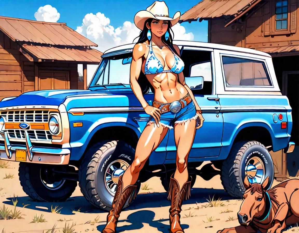 Native American Woman and Classic Bronco, Anime Style
