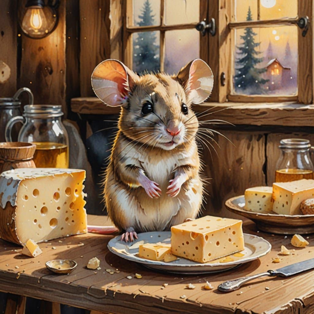 Charming Mouse with Cheese in Watercolor Style