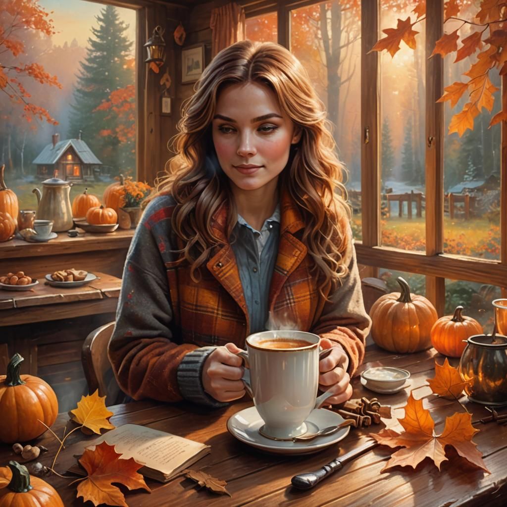 Cozy Cabin Scene: Woman with Pumpkin Spice in Oil Painting S...
