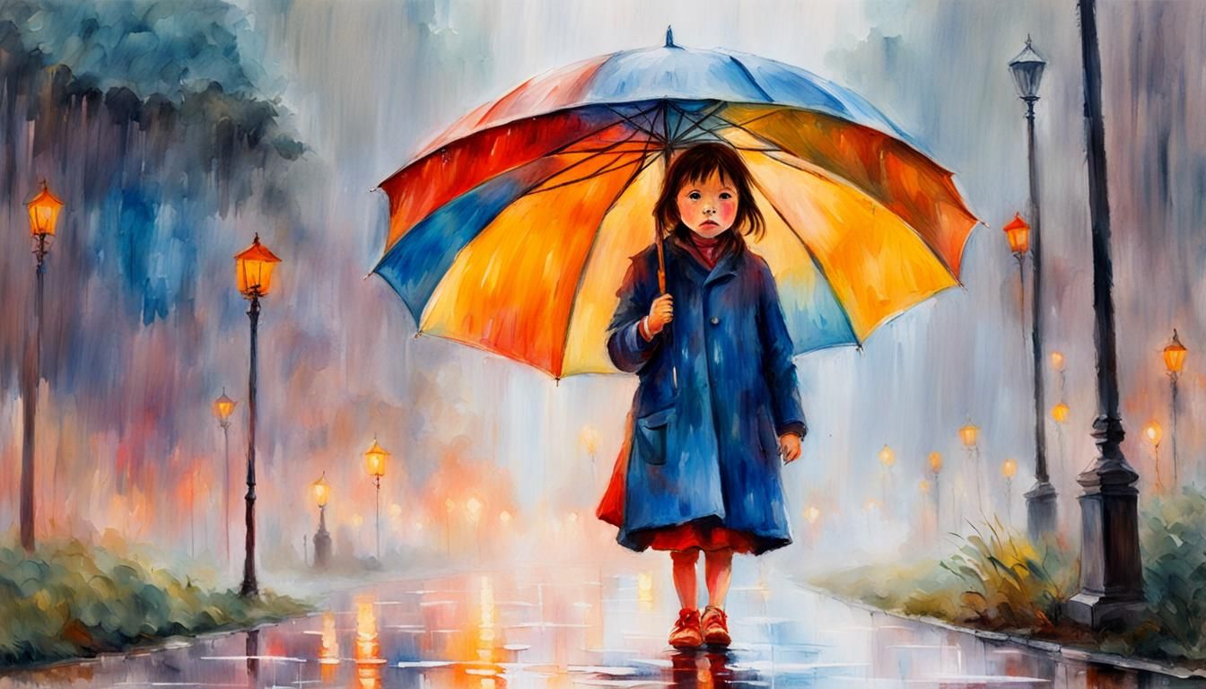 Impressionist Girl with Umbrella in Rainy Watercolor