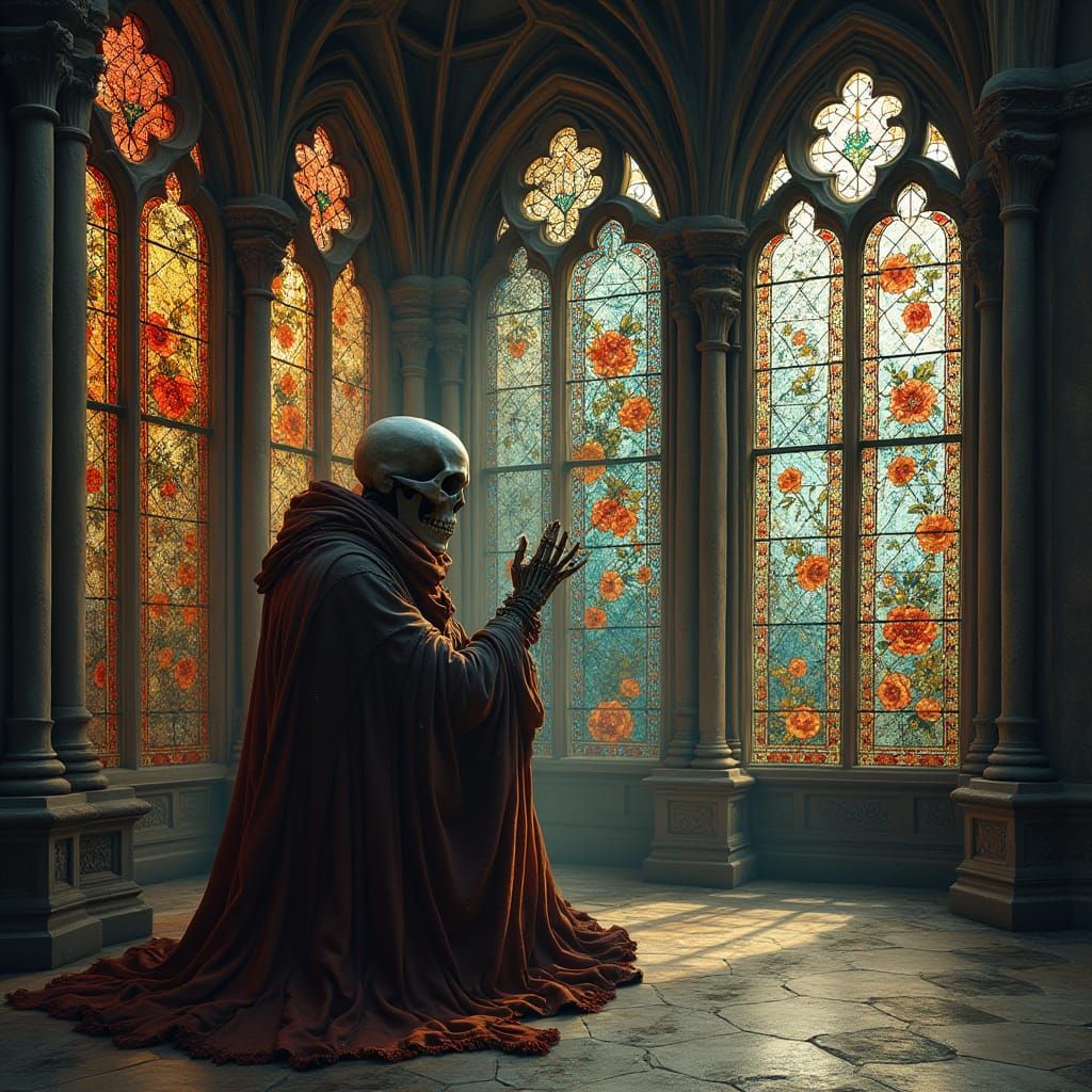 Praying Skeleton in Gothic Cathedral: A Dark Fantasy
