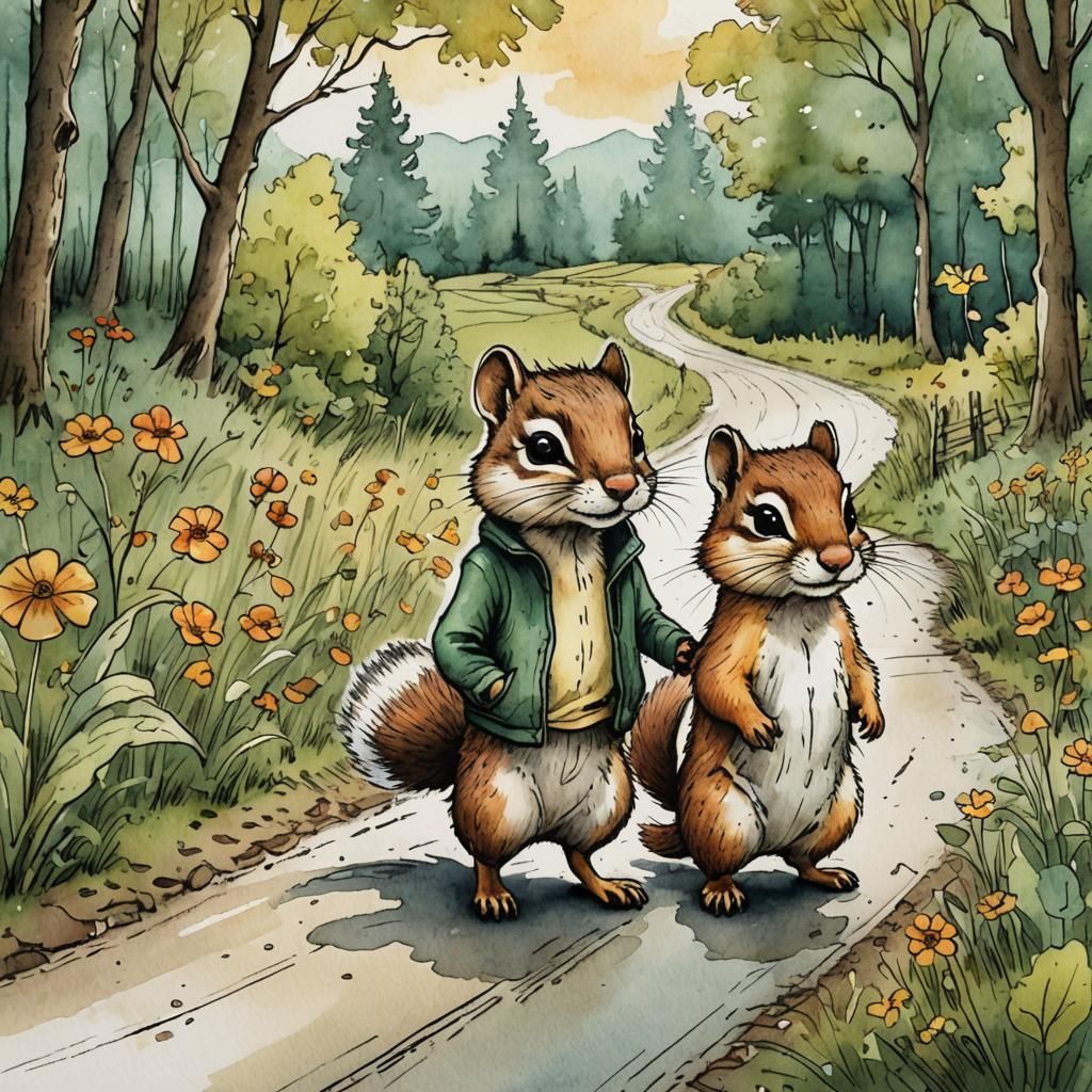 Chipmunk and Weasel Walk Together in Folk Art Style