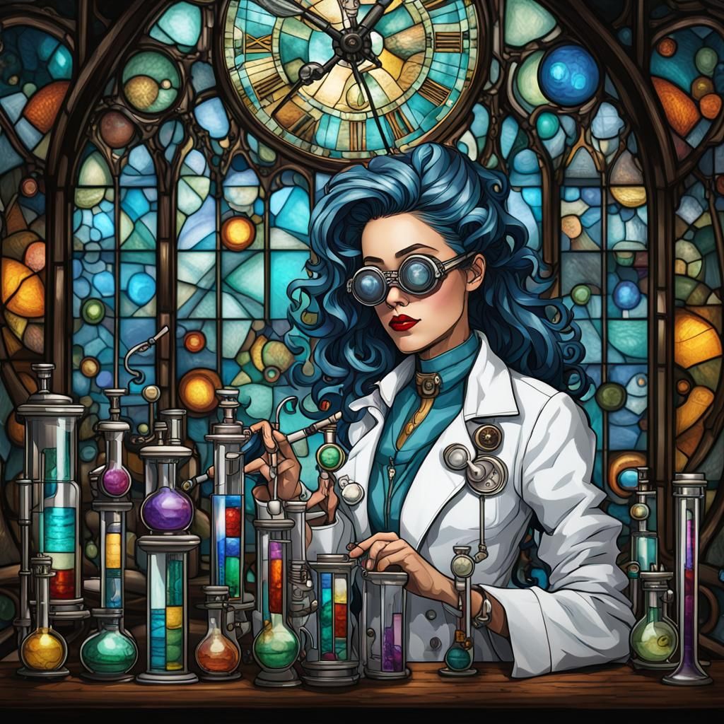 Steampunk Mad Scientist in Anime Style Lab