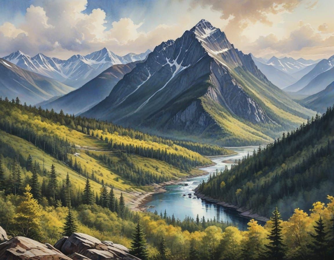 Breathtaking Appalachian Mountains Scene in Watercolor Ink S...