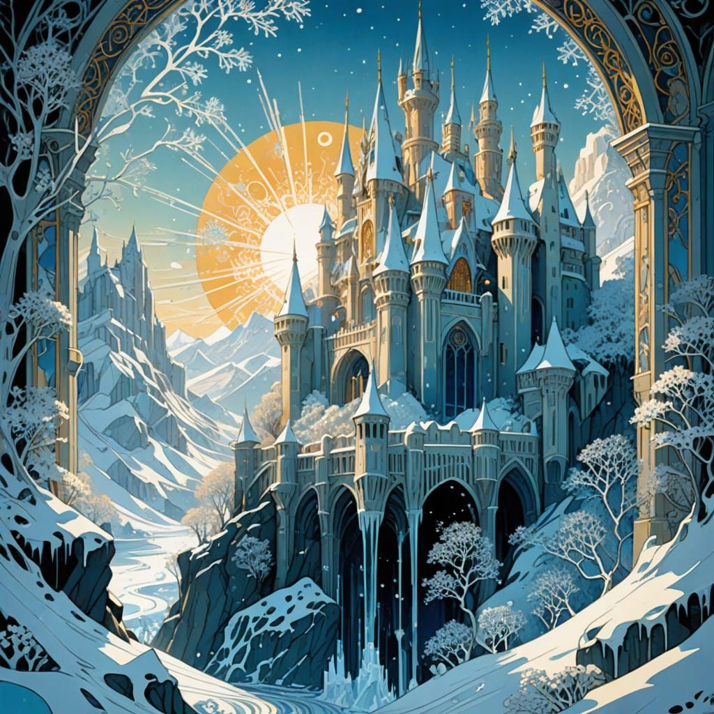 Ethereal Dawn of Winter Kingdom in Vibrant Silver and Blue