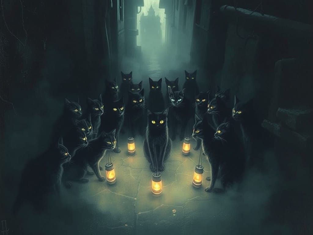 Surreal Gathering of Black Cats in a Mystical Circle