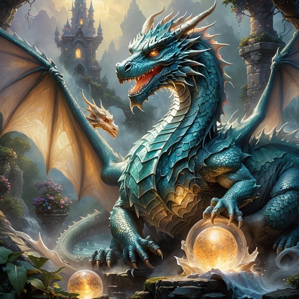 Ethereal Dragon with Magical Artifact in Dreamlike Setting