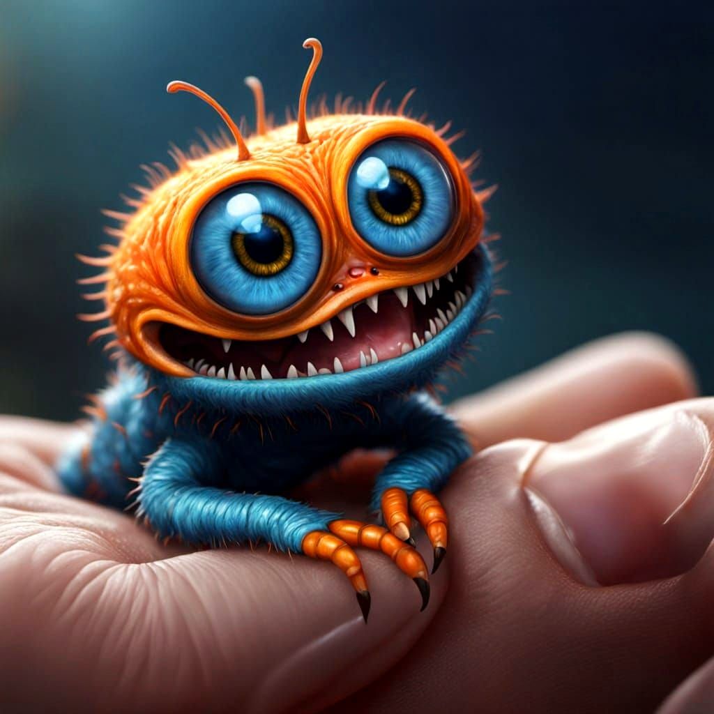 Tiny Blue Creature on a Fingertip: Hyperrealistic Concept Ar...
