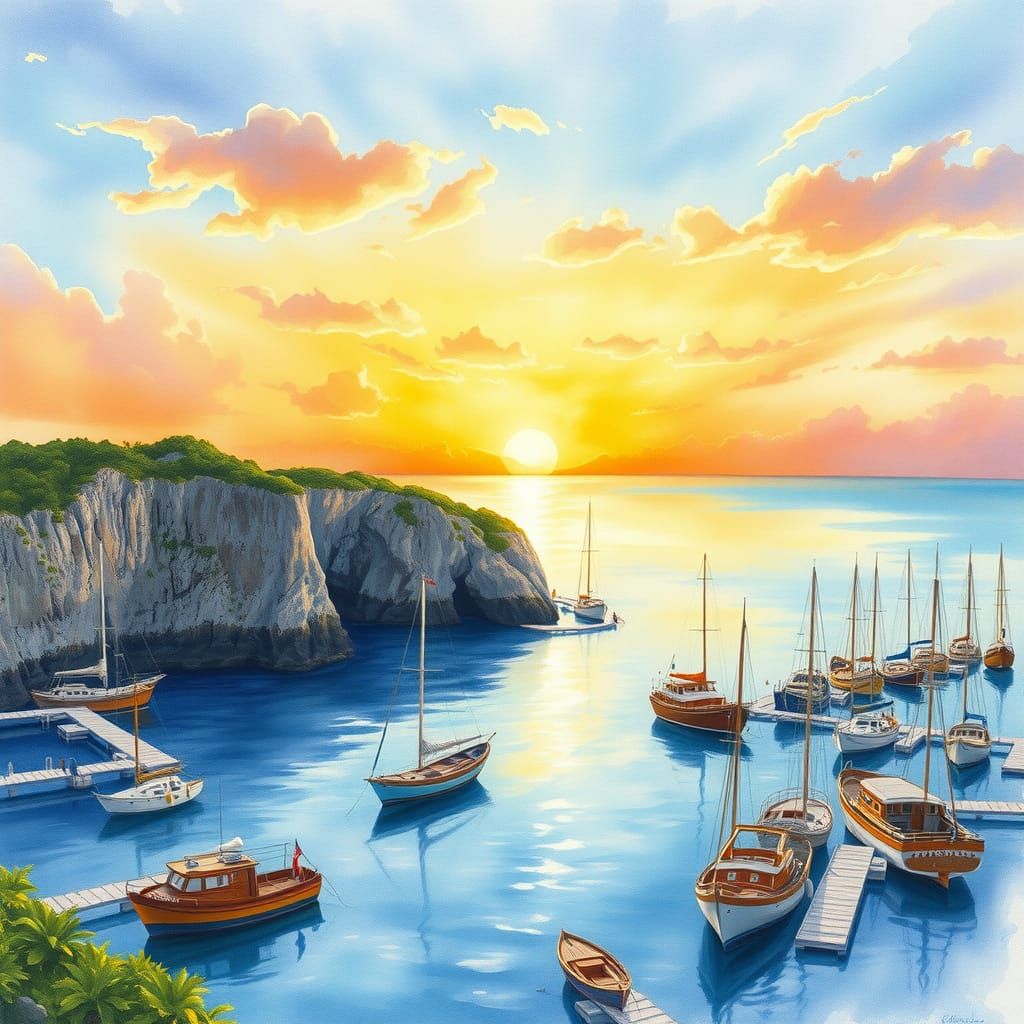 Pastel Watercolor Sunrise Over Cliffside Harbor