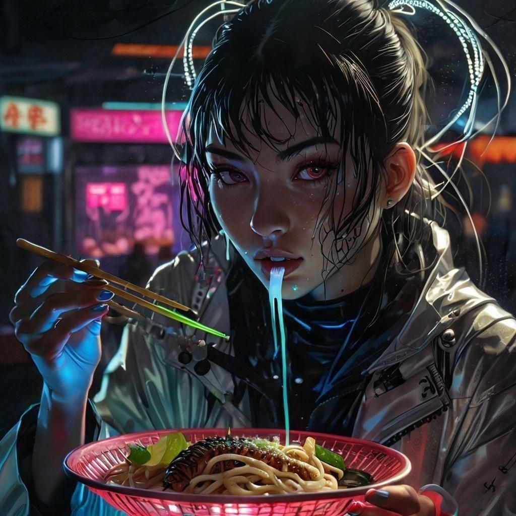Cyberpunk Girl Eats Alien Tentacles in Neon Noir