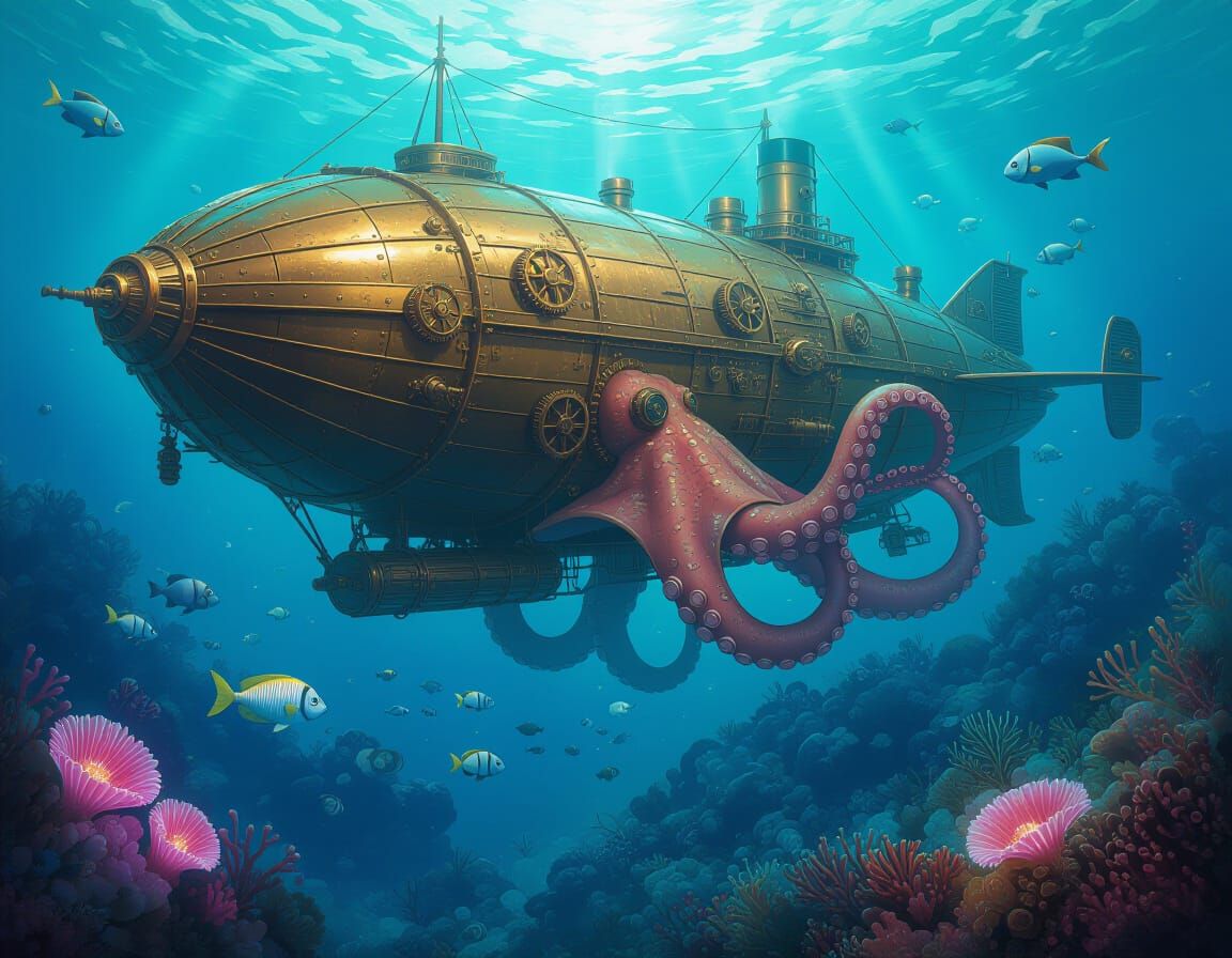 Steampunk Octopus Airship in Bioluminescent Coral Reef