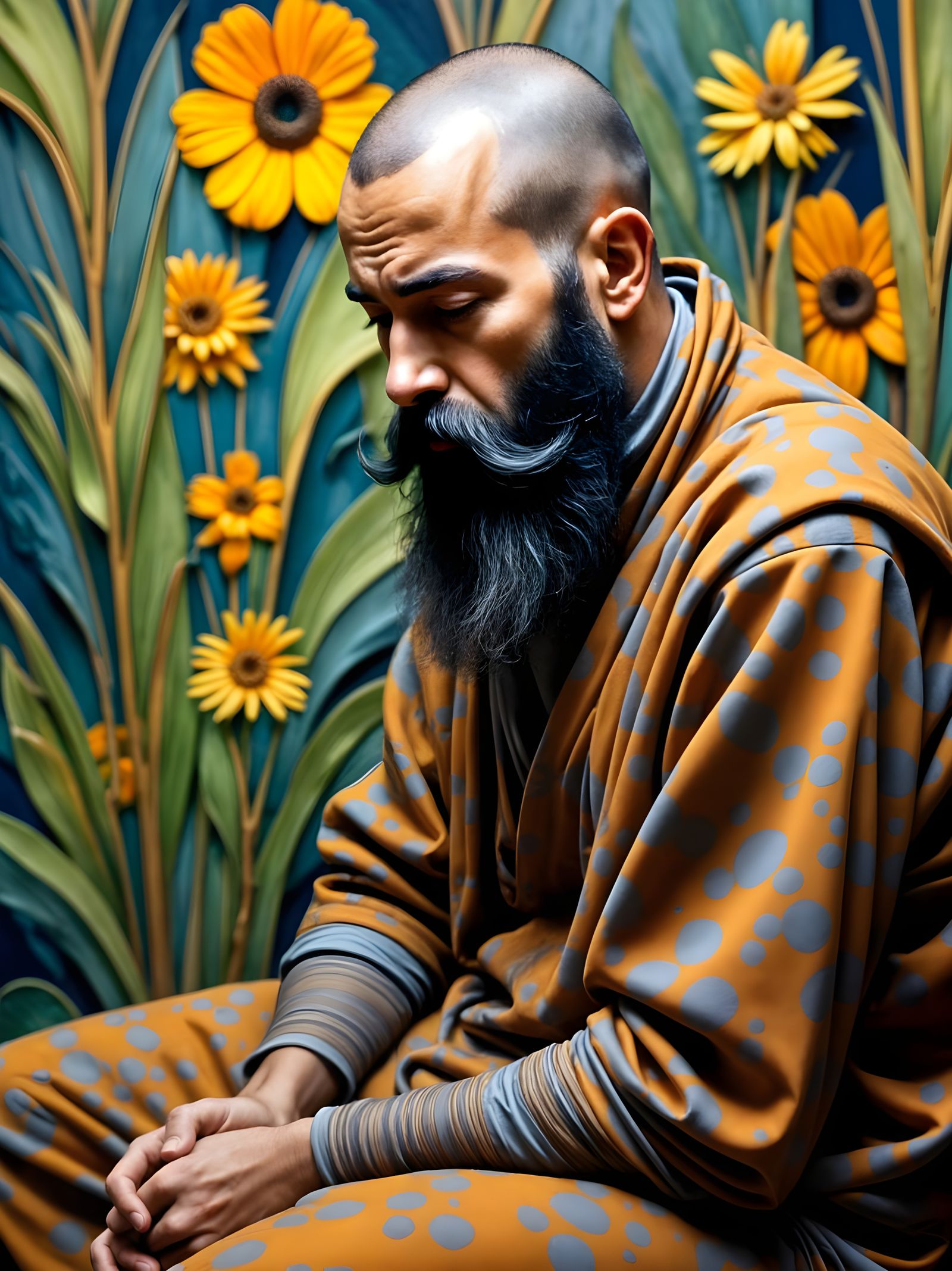 Contemplative Man in Batik, Klimt-Inspired Portrait